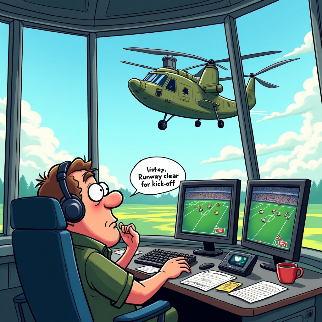 Sitting bored in an Air traffic control tower, Distracted by rugby, Chinook helicopter, and Farewell Card