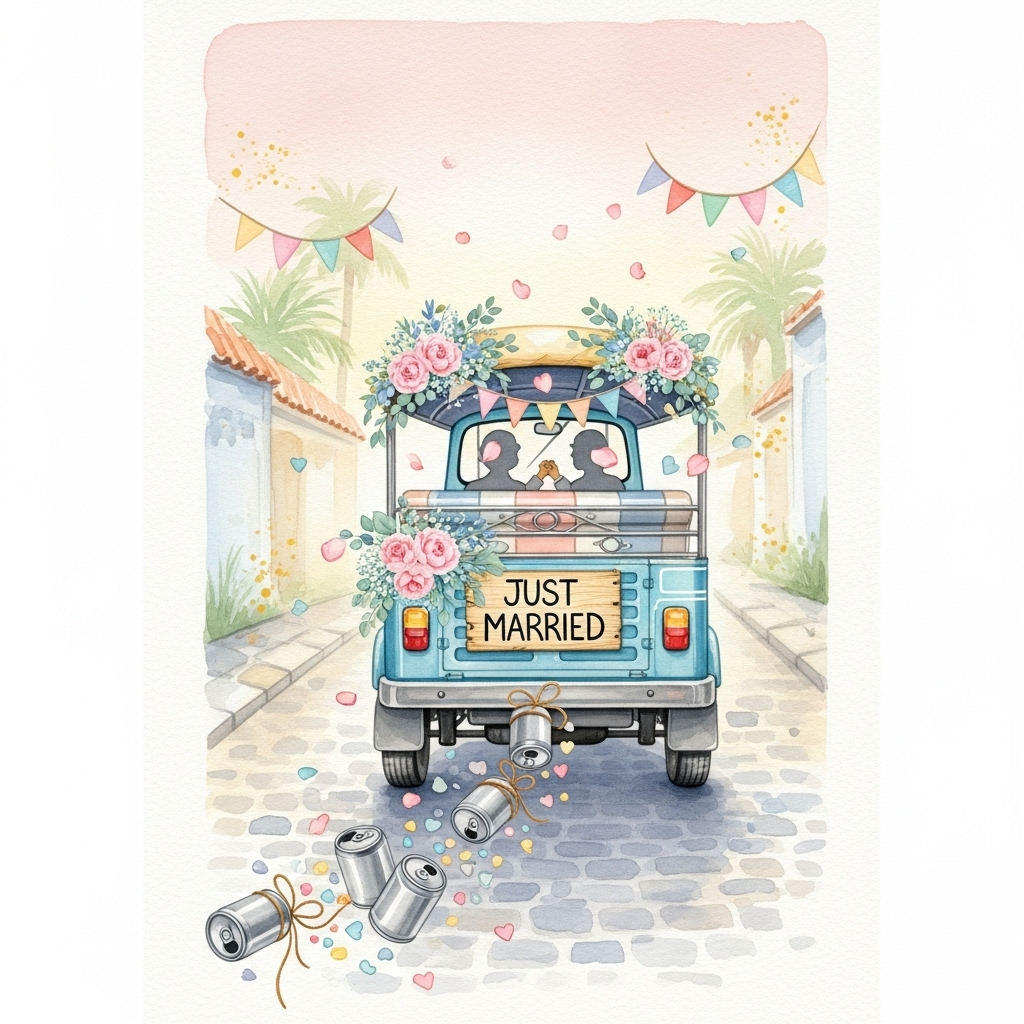 Prompt for a cute watercolor wedding scene:

- Full-bleed vertical watercolor painting, airy and whimsical. A sky-blue tuktuk viewed from behind, puttering down a sun-washed cobblestone lane. A hand-painted wooden sign on the back reads: JUST MARRIED. Twine-tied trailing cans bounce behind the tuktuk, glinting soft silver, leaving playful watercolor splashes and tiny heart-shaped confetti in their wake.
- The tuktuk is trimmed with cream and decorated with blush peonies, baby’s breath, and eucalyptus garlands; pastel bunting drapes overhead. A few rose petals float through the air. Inside the cab, a hint of two figures and interlaced hands, just silhouettes.
- Light and palette: warm, golden morning glow; sky in blush-to-peach gradient with touches of cornflower blue. Colors: blush pink, dusty rose, mint, sage, cornflower blue, buttercream, soft lavender, warm gold accents.
- Watercolor look: soft washes, delicate gradients, loose wet-on-wet edges, subtle pigment blooms/backruns, light speckles, and visible natural cold-press paper texture; minimal linework, lots of breathable negative space; no harsh outlines.
- Composition: centered tuktuk receding toward a gentle vanishing point; cans trailing in a graceful curve that leads the eye; lightly blurred background rooftops/palms for depth; confetti and petals add motion.
- Small text to include (hand-lettered watercolor brush, soft indigo, placed subtly near the bottom): “Tuk-tuk to forever.”
Generated with these themes: Tuktuk “just married” on the back. Trailing cans behind tuktuk , and .
Made with ❤️ by AI.