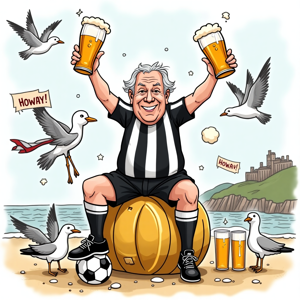 **Prompt:**  
At the top of the illustration image, *Howay the Lads, Arthur — 80 and still scoring (beers and goals)!*  

An illustration-style, funny birthday-themed image featuring an 80-year-old Arthur proudly wearing a black and white striped Newcastle United kit, sitting atop a golden beer keg like it’s the Premier League trophy. He’s raising a pint in one hand and a glass of whisky in the other, grinning from ear to ear. Around him are cartoon seagulls wearing scarves, cheering him on from Whitley Bay’s promenade with little “Howay!” signs. The iconic Tynemouth Priory peeks out in the background while St. James’ Park looms like a castle of glory behind. Pint glasses and whisky tumblers orbit him like he's the centre forward of the birthday universe. A beer-battered football bounces beside him, mid-action, with foam coming out like beer. Everything is full of Geordie charm, seaside breeze, and celebration.
Generated with these themes: Newcastle United Football Club, Beer, Whitley Bay, Tynemouth, 80, and Whisky.
Made with ❤️ by AI.