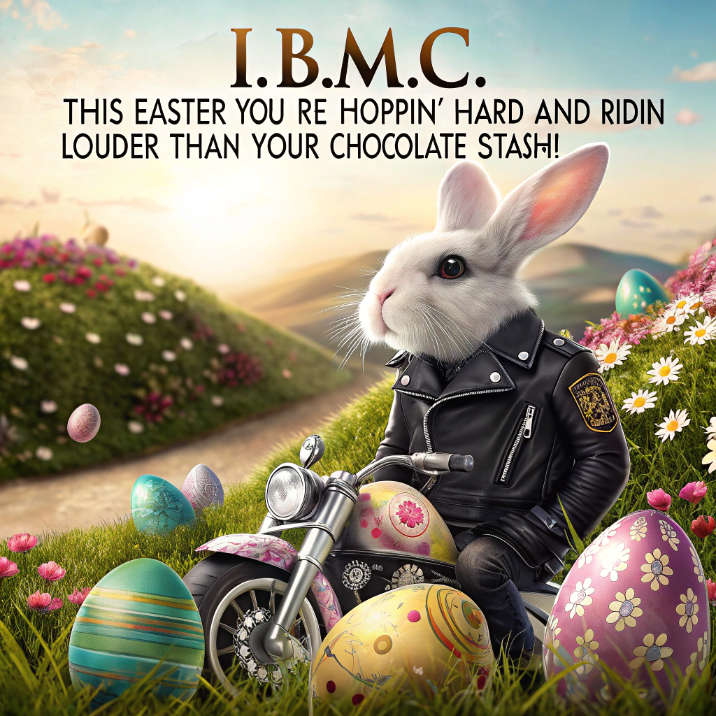 Bunny riding , Mini Motorcycle , Meadow , Leather jacket, Easter eggs, and Harley Davidson Easter Card