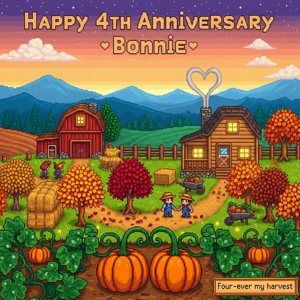 At the top of the Pixel Art Style image, "Happy 4th Anniversary Bonnie"

Crisp 8-bit pixel art scene with a vibrant, limited 12–16 color palette and chunky square pixels, evoking cozy Stardew Valley autumn vibes. Golden-hour dusk over a peaceful farm valley: a gradient sky from warm peach to dusk violet with first stars flickering; tiny fireflies sparkle near the ground. Foreground: a lush pumpkin patch with curling green vines and glints of dew; two plump pumpkins nestled together, their stems touching to suggest a heart. Midground: a red barn and a snug timber farmhouse with warm window glow; a thin curl of chimney smoke gently shapes into a soft heart above the roof. A split-rail fence, hay bales, and a wheelbarrow of harvest goods add rustic charm. A leaf-strewn dirt path winds through maples and oaks blazing in maple red, marigold, and rust; two small farmer sprites in straw hats hold hands on the path, gazing toward the home. Background: layered rolling hills and blue-violet mountains for serene depth. Use clean pixel clusters, minimal shading with tasteful dithering; no anti-aliasing. Render the top text in warm cream pixel lettering with a subtle dark outline for readability, lightly arched across the sky with tiny pixel heart accents.

At the bottom, on a small wooden plank sign, add a short caption in tiny pixel font: "Four-ever my harvest"
Generated with these themes: Stardew valley , Autumn, Pumpkins, and .
Made with ❤️ by AI.
