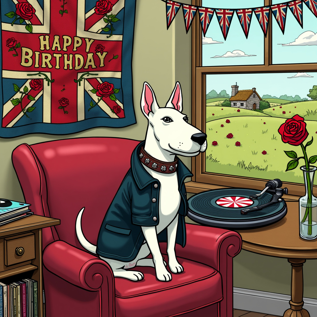 In the foreground, an English Bull Terrier with a leather jacket and studded collar sits proudly on a vintage red leather armchair. His ears are perked up and his tail is wagging, hinting at a hidden playfulness. Next to him is a small, round table with a classic vinyl record player spinning an LP, the label featuring a rock band logo with a Union Jack design. A red rose in a slender vase sits beside the player, and the flower’s petals seem almost velvety with delicate dew drops.

Behind the bull terrier, a large, intricate tapestry hangs on the wall, depicting the iconic Union Jack flag intertwined with a sprawling design of English roses, their crimson petals contrasting sharply against the blue and white of the flag. The tapestry's edges are adorned with tiny, waving bunting in alternating colors of red, white, and blue.

To the left, a vintage wooden cabinet is filled with classic rock vinyl records, their colorful covers peeking out, featuring notable UK rock bands. Above the cabinet, a framed photograph of a famous rock band concert in England hangs, capturing the energy of the crowd and the vibrant stage lights.

In the background, an open window reveals a quaint English countryside scene with rolling green hills, dotted with blooming red roses and a distant view of a picturesque stone cottage with a thatched roof. A Union Jack bunting strung across the window flutters gently in the breeze.

At the top of the scene, the words "Happy Birthday" are spelled out in bold, stylized letters reminiscent of classic rock band logos, and below it, in smaller script, “Rock on with an English Twist!” The entire scene is illustrated with a touch of whimsical charm, blending the playful style of Charles Schulz with the detailed backgrounds reminiscent of Hergé and the expressive character design of Bill Watterson.

The entire card captures the essence of English pride, rock music nostalgia, and the quirky, lovable nature of an English Bull Terrier, making it a truly unique birthday greeting.
Generated with these themes: English ross, United kingdom, Union Jack , English bullterrier, Leather, Rock music , England, English rose , Red rose, and Bunting .
Made with ❤️ by AI.