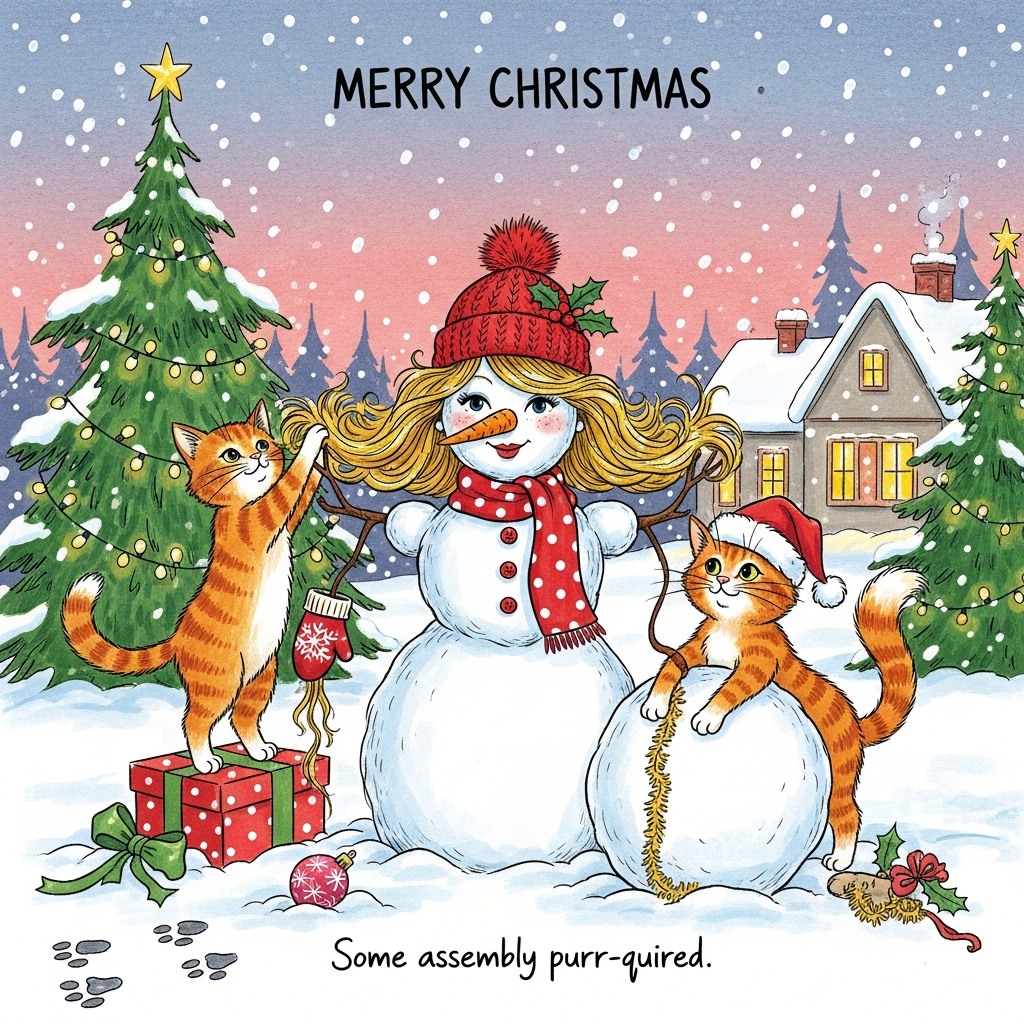 Two ginger cats making a blonde snow lady, and Christmas Card