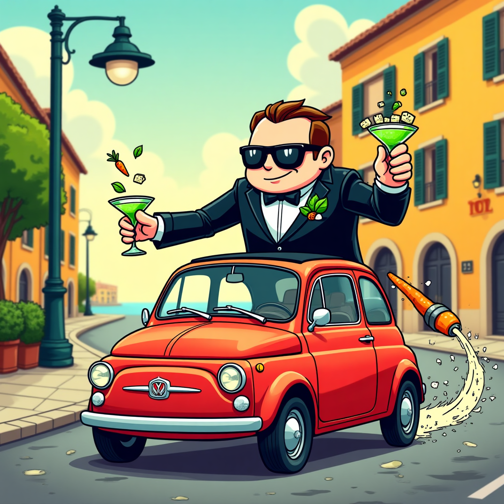At the top of the Cartoon Style image, display the large, playful title: “Happy 60th Birthday Wimmysom”

A bright, zippy cartoon scene with thick outlines and saturated colors: a chibi-style Fiat 500 in candy-apple red screeches around a sunny, Mediterranean street corner. On the roof, a suave, James Bond-inspired cartoon spy in a tux (oversized head, long limbs, cheeky grin) strikes a heroic, energetic pose. A sprig of basil peeks from his lapel, and he’s checking an oversized Omega watch on his wrist—the watch face gleams with the Ω symbol as it fires a silly carrot-grappling line that hooks onto a street lamp. The Fiat 500 sports whimsical “vegan gadgets”: a carrot-rocket booster, broccoli-silencer exhaust puffing green confetti, and kale leaves fluttering like streamers in the slipstream. The spy’s “martini” is a neon-green smoothie in a coupe glass, shaken with ice cubes shaped like little tofu blocks. The whole scene feels fast and celebratory with swoosh lines, sparkles, and confetti, rendered in playful cartoon style with thick black outlines and punchy, saturated hues.

At the bottom, add a small cheeky caption: “Licensed to Kale.”
Generated with these themes: Fiat 500, James Bond, Omega Watches, Vegan, and .
Made with ❤️ by AI.