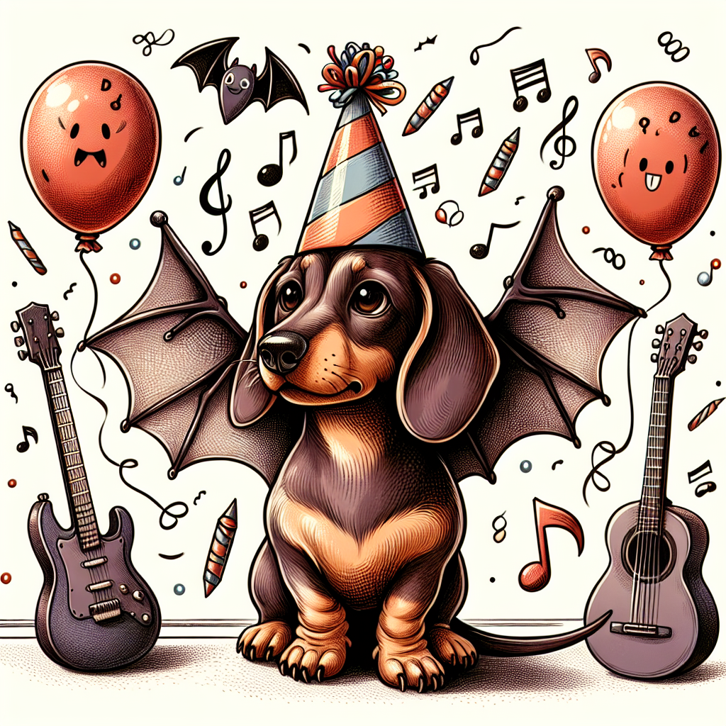 Create an illustrative scene of a birthday celebration. Make it festive with a cute Dachshund dog as the center of attention, whimsically dressed up in a party hat and unusual tiny bat wings attached to its back. The surroundings should reflect a rock music theme, manifested in musical notes and guitars that decorate the background. Coupled with these cool rock elements, integrate birthday balloons and falling confetti to create a cheerful vibe, forming a harmonious blend of adorable charm and the spirit of rock music.
Generated with these themes: Dachshund , Bats, and Rock music.
Made with ❤️ by AI.