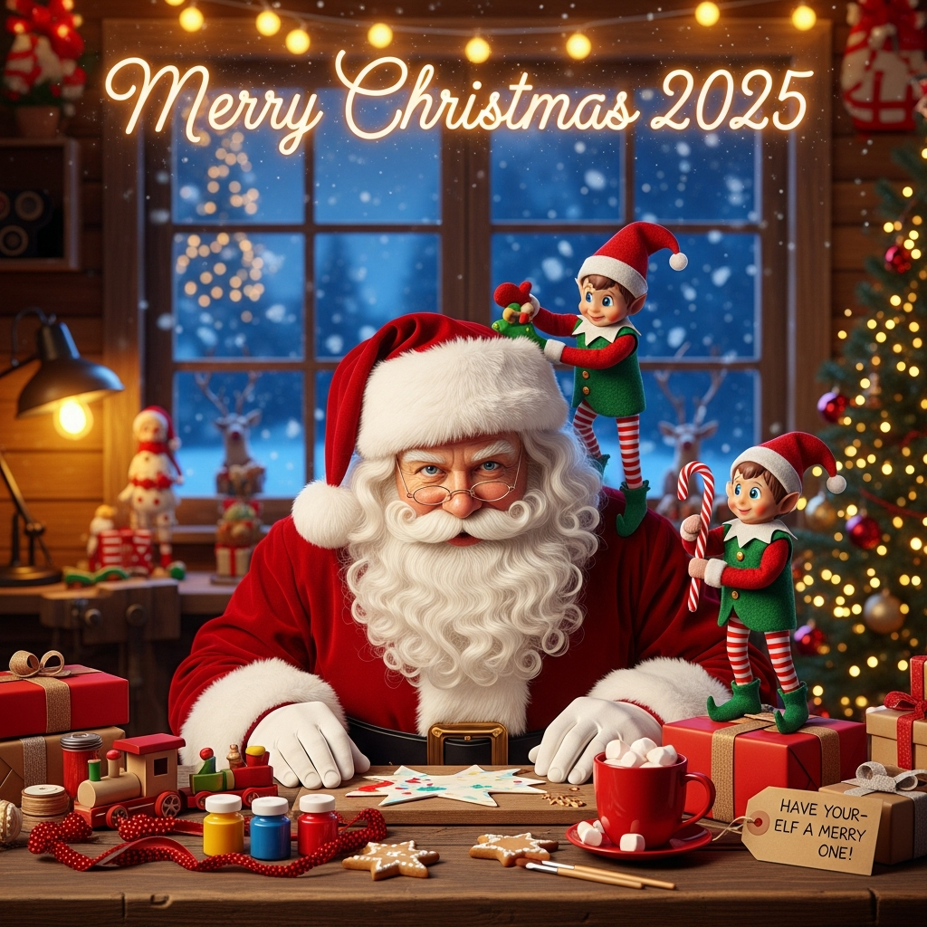 At the top of the Photorealistic picture taken from a camera image, Merry Christmas 2025

Ultra-high-definition 4K UHD photorealistic scene, cute and heartwarming, realistic textures and accurate lighting with rich depth of field. Vertical portrait orientation with a clean, softly glowing bokeh area near the top for the title. Inside Santa’s cozy North Pole workshop at twilight: warm golden string lights drape across rustic beams, a frosted window reveals gently falling snow and the soft silhouettes of reindeer outside, and a softly blurred Christmas tree twinkles in the background.

In crisp focus at mid-frame, Santa Claus leans over a well-worn wooden workbench, eyes twinkling, rosy cheeks, and a lush white beard with visible individual strands. His red velvet coat shows lifelike pile, plush white fur trim, and a polished brass buckle catching highlights. Two adorable elves in rich, tactile fabrics bring the cuteness: one tiny elf in a knit hat with a jingle bell perches on Santa’s shoulder, adjusting his cap with a tiny mitten; another elf stands on a wrapped gift, striped stockings and green felt vest, balancing a candy cane and a tiny paintbrush, grinning up at Santa.

The workbench is cluttered with charming detail: a half-painted wooden toy train, little jars of paint, spools of ribbon, gingerbread star cookies on a snowflake plate, and a steaming mug of cocoa crowned with marshmallows. Place a small handwritten gift tag propped against a present in the foreground that reads: Have your-elf a merry one!

Lighting: warm, cozy tungsten from string lights plus a cool bluish rim from the snowy window, subtle volumetric glow with visible dust motes, realistic soft shadows, gentle subsurface scattering on cheeks and ears. Camera: full-frame DSLR look, 50mm prime, f/1.8, ISO 200, 1/125s, shallow depth of field; tack-sharp focus on Santa’s face, the elves, and the gift tag, with creamy bokeh on the background lights. Color palette of rich reds, greens, and golds; lifelike wood grain, knit, felt, and fur textures. Render the “Merry Christmas 2025” title at the top in warm, softly glowing white script with delicate gold edging and a subtle frosted shimmer for legibility over the bokeh, without overpowering the scene.
Generated with these themes: Elves, Santa, and .
Made with ❤️ by AI.