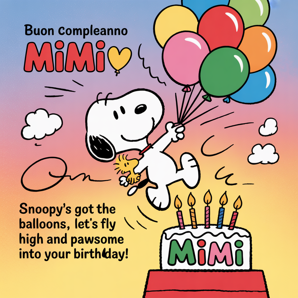 At the top of the image, "Buon compleanno MiMi 🩷":  

At the bottom of the image, "Snoopy's got the balloons, let's fly high and pawsome into your birthday!"

- Illustrate a delightful cartoon scene where Snoopy, with his signature grin, is holding onto a cluster of colorful balloons.  
- He’s airborne, playfully floating through a sky painted in vibrant hues, with Woodstock clinging onto his ear, both looking gleeful.  
- Below them, a whimsical birthday cake with candles matches the joy of the moment, as MiMi's name decorates the cake in bold, happy letters.
Generated with these themes: Snoopy, and .
Made with ❤️ by AI.