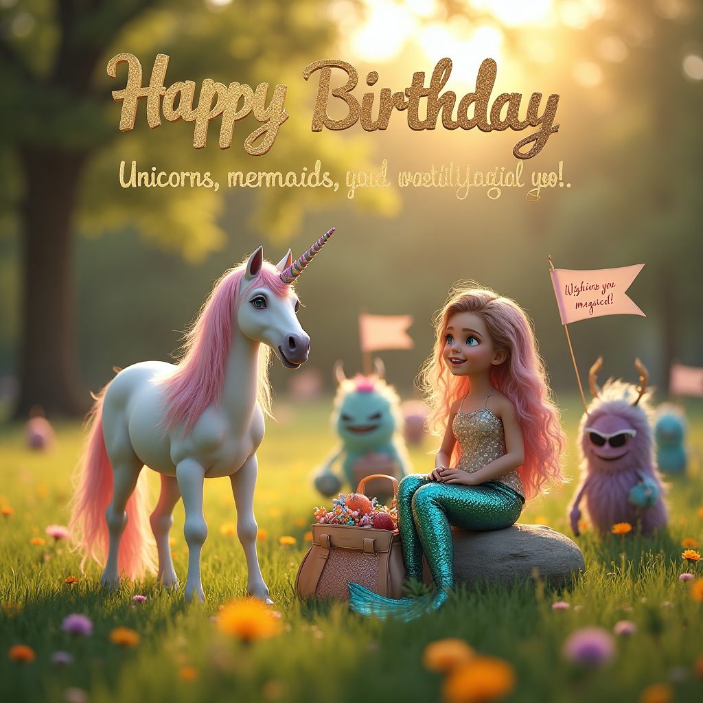 At the top of the Photorealistic picture taken from a camera image, "Happy Birthday" is artfully inscribed in shimmering gold letters, catching the light as if magically illuminated. 

**Scene Description:**

Capture a whimsical yet sincere birthday celebration scene set in a lush, sunlit meadow. In the foreground, a unicorn with a shimmering mane of pastel colors, adorned with googly eyes that give it a playful expression, stands gracefully. Beside it, a vibrant mermaid with iridescent scales and flowing hair sits elegantly on a rock, gazing towards a nearby handbag filled with sparkling treasures and a pair of oversized sunglasses.

In the background, a group of friendly monsters, each with unique googly-eyed expressions, joyously waves small flags that read, "You're Simply Magical!" Amongst them, a life-sized cardboard cutout of Harry Styles, casually dressed and with a charming smile, joins in the festivities, blending seamlessly with the fantastical elements of the scene. The warm sunlight filters through the trees, casting a golden hue over the entire setting, adding to the magic of the moment.

**Text for Image:**
"Unicorns, mermaids, and monsters, oh my! Wishing you a magical day!"
Generated with these themes: Googly eyes, unicorns, mermaids, handbags, monsters, Harry Styles, and .
Made with ❤️ by AI.