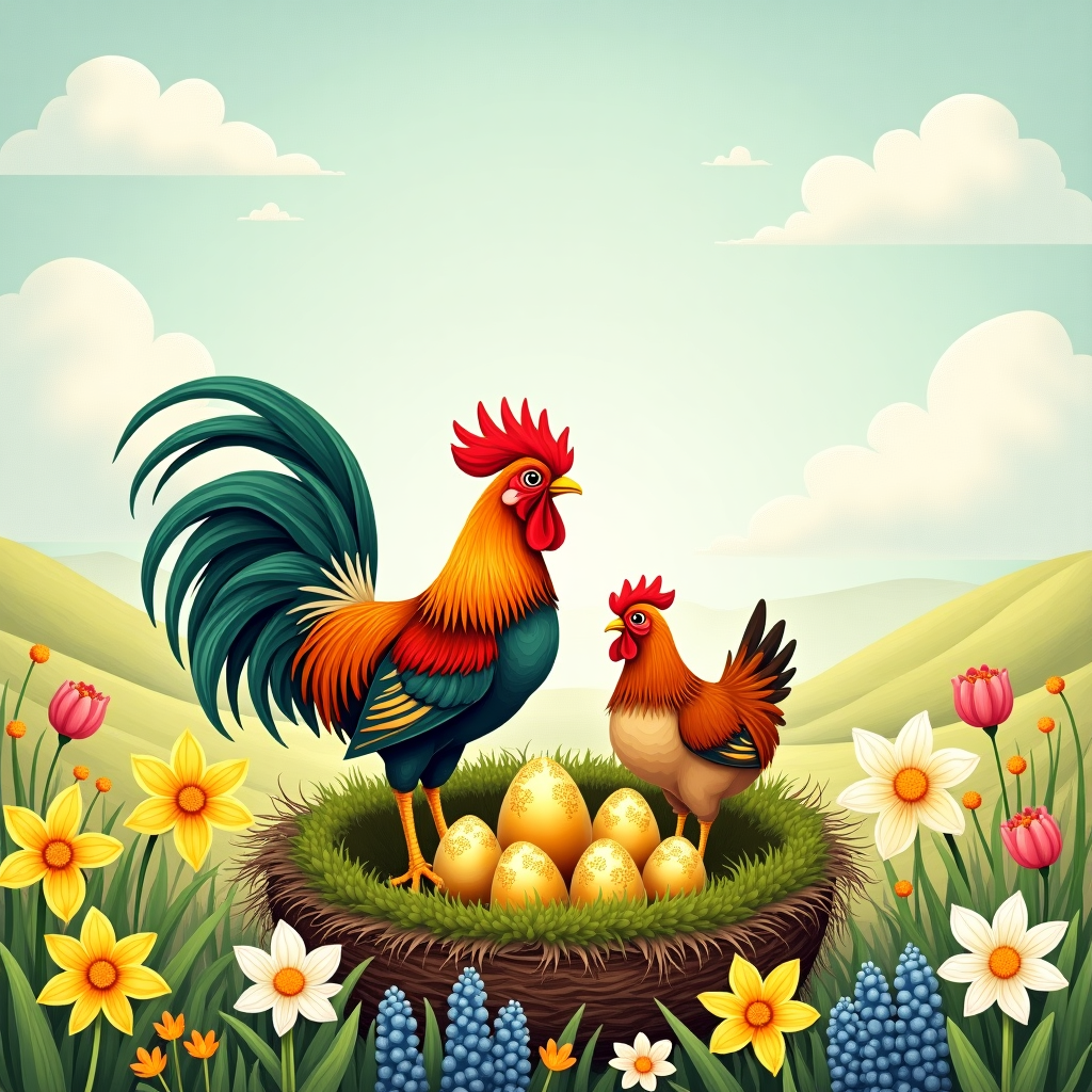 Imagine a whimsical Easter greeting card front, richly detailed in a hand-drawn illustration style reminiscent of classic storybook art. At the heart of the scene, perched proudly on a mossy nest, sits a rooster and a hen, each exuding their own unique charm. The rooster, with its vibrant plumage, displays a dazzling array of reds, oranges, and deep greens, its feathers reminiscent of the sumptuous detail one might find in a Beatrix Potter illustration. Its tail feathers fan out elegantly, showing off intricate patterns of teal and gold.

Beside him, the hen, slightly smaller and more demure, is rendered with softer, earthier tones—shades of brown and ochre with delicate speckles that hint at her nurturing nature. Together, they guard their precious cargo: a collection of golden eggs. Each egg gleams with a lustrous finish, their surfaces intricately detailed with swirling engravings that catch the light, echoing the meticulous artistry of an Aubrey Beardsley piece.

Surrounding the nest, a tapestry of spring flowers unfurls in a riot of color and detail. Picture daffodils with bright, trumpet-like blooms in sunshine yellow, juxtaposed with clusters of deep blue hyacinths. Delicate pink blossoms—perhaps cherry or apple—scatter throughout, their petals caught in an imagined breeze, while cheerful daisies add a touch of innocence with their white petals and sunny centers.

The background evokes a serene pastoral landscape, akin to the idyllic settings often painted by Norman Rockwell. Soft rolling hills stretch into the distance, shaded in gentle pastels of green and blue. A clear sky overhead is dotted with fluffy white clouds, each one shaded with precision to give them a three-dimensional quality, reminiscent of Maxfield Parrish's ethereal skies.

This card, with its intricate details and vibrant colors, provides an invitation to step into a beautifully imagined world where the simple joys of Easter come alive.
Generated with these themes: Rooster and Hen on a mossy nest of golden eggs edged by spring flowers, and .
Made with ❤️ by AI.