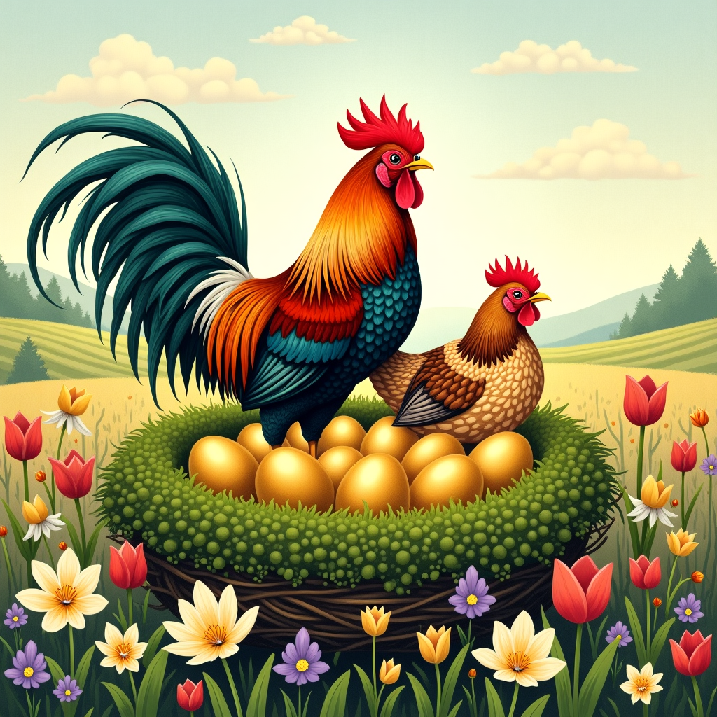 On the front cover of this Easter greeting card, you'll find a scene that's as whimsical as it is detailed. Center stage is a rooster and a hen perched proudly on a sprawling, moss-covered nest brimming with golden eggs. The rooster, with its intricate plumage of deep reds, iridescent greens, and flashes of cobalt blue, stands tall, chest puffed out and head slightly turned as if surveying its domain. Its tail feathers fan out in an extravagant display reminiscent of the bold lines and detailing in the work of Aubrey Beardsley. 

Beside the rooster, the hen is nestled comfortably, her feathers a softer palette of warm browns, creams, and speckles of white, evoking the gentle, textured illustrations of Beatrix Potter. Her eyes, captured with the precision of Norman Rockwell's portraiture, are large and attentive.

The nest itself is an enchanting sight. The moss is depicted in rich layers of velvety greens and yellows, providing a lush, textured foundation for the dozen golden eggs, each shimmering with an ethereal glow that echoes the luminous quality seen in Maxfield Parrish’s paintings. 

Surrounding the nest are an array of spring flowers, meticulously detailed and abundant. Tulips in vibrant reds and yellows, delicate daffodils, and clusters of violets form a natural border, their petals capturing the delicate line work akin to Arthur Rackham. Each flower is rendered with attention to its unique form and hue, creating a lively, colorful frame that dances around the central figures.

The background is a subtle wash of pastel blues and greens, suggesting a serene spring sky that transitions into the soft, rolling lines of a distant field, much like the dreamlike landscapes often depicted by N.C. Wyeth. A smattering of small, fluffy clouds drift lazily overhead, their form reminiscent of the playful, exaggerated style of Quentin Blake.

Overall, this Easter scene is a harmonious blend of intricate detail and vivid color, promising a card that is both a feast for the eyes and a celebration of the joys of spring.
Generated with these themes: Rooster and Hen on a mossy nest of golden eggs edged by spring flowers, and .
Made with ❤️ by AI.