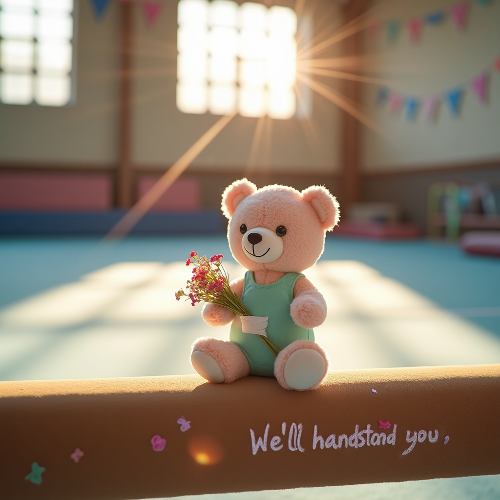 At the top of the Photorealistic picture taken from a camera image, I love you and miss will miss you 

Ultra-high-definition 4K UHD, lifelike, true-to-life photograph in a cute, heartfelt mood. A sunlit gymnastics gym at golden hour, shot from a low, beam-level perspective. In the foreground, a suede balance beam with soft chalk smudges and tiny pastel confetti stars; crisp texture and gentle vignetting. Sitting on the beam is a small plush teddy bear wearing a pastel teal leotard and tiny wrist tape, paws lightly chalked, hugging a mini wildflower bouquet wrapped in white athletic tape. On the tape, a single handwritten line in purple marker reads: We’ll handstand by you. Background is softly blurred: uneven bars, a chalk bowl with a delicate puff of chalk in the air, pastel triangle bunting strung high, and comforting floor mats; warm sun rays through high windows catch drifting chalk dust for creamy bokeh. Palette: warm neutrals and soft pastels; expressions of farewell include little chalk hearts and doodles near the base of the beam. Text styling for the top line: friendly, handwritten white script with a subtle soft shadow, centered across the upper third, leaving the scene dominant. Camera details: 50mm prime, f/2.8, ISO 200, 1/250s; natural backlight with soft fill, realistic grain, rich depth of field, true highlights and shadows.
Generated with these themes: Gymnastics , and .
Made with ❤️ by AI.