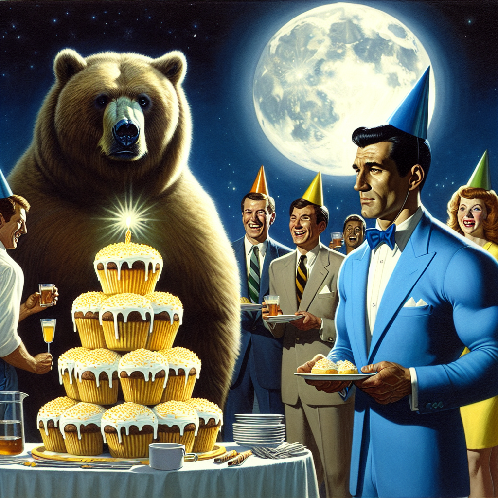 Envision a cleverly realistic birthday celebration where a strongly-built man in a blue suit reluctantly shares his birthday spotlight with a grizzly bear, both wearing party hats under a radiant full moon. The bear, slightly puzzled by the festivities, hungrily eyes the mountain of honey-drizzled cupcakes on the buffet table. Around them, guests of various genders and descents laugh and chatter, their faces gently lit up by the supernatural glow of the moonlight, establishing a mix of superhero-like enthusiasm and wildlife marvel.
Generated with these themes: Superman, Grizzly bear, and Full moon.
Made with ❤️ by AI.