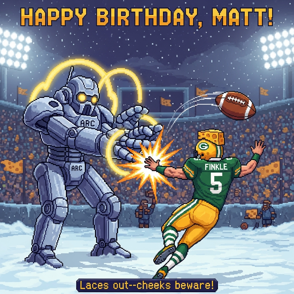 At the top of the Pixel Art Style image, "Happy Birthday, Matt!" in bold green-and-gold arcade letters with a tiny white outline for pop.

Crisp 8-bit pixel art, tall portrait composition, vibrant limited palette, chunky square pixels, thick black outlines. Center stage: a retro-sci‑fi Arc Raiders-style battlefield mashed with a frozen football sideline. A towering ARC sentinel/mech with glowing arc-shaped halos raises a massive metallic hand mid-slap, contacting the padded backside of a green-and-gold kicker who’s flying forward in a comic burst. The kicker’s jersey reads “FINKLE 5” across the back; he’s fully clothed in classic gridiron pads, striped socks, and a cheeky cheese-wedge accessory on his helmet for that Green Bay vibe. Exaggerated pixel starburst and motion lines at the impact point sell the rude, cheeky humor without nudity. Snowy night sky with floodlights; pixel crowds in foam-cheese hats wave tiny flags. A chunky 8-bit football tumbles in the air with the laces clearly visible. Dithered shadows, minimal 16–24 color palette, nostalgic video-game charm.

At the bottom in a small pixel caption: “Laces out—cheeks beware!”
Generated with these themes: Getting the cheeks slapped in Arc Raiders, Green Bay Packers, Ray Finkle, and .
Made with ❤️ by AI.