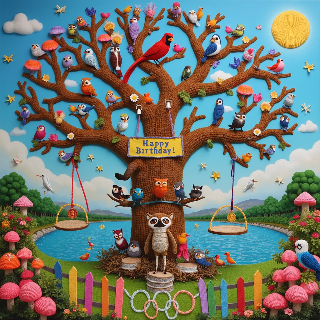 The scene is set in a whimsical, brightly-colored world where the boundary between reality and fantasy blurs seamlessly. At the center of this vivid tableau, a giant crochet tree towers high, its branches intricately knitted with vibrant yarn in every color of the rainbow. Perched on the crochet tree are various birds, each wearing tiny Olympic medals around their necks. These birds are not ordinary; they are anthropomorphic, each showcasing a different Olympic sport. A red cardinal lifts a miniature barbell with intense concentration, while a blue jay soars through a series of crochet hoops, as if navigating a gymnastics routine.

On the ground beneath the tree, an Olympic podium made entirely of crochet sits proudly. Standing on the top tier, a smiling owl dressed in a crochet tracksuit holds a gold medal high. To the right, a raccoon wearing crochet running shoes stands on the second tier, holding a silver medal. On the left, a squirrel with a crochet swimming cap and goggles takes the third tier, holding a bronze medal.

In the background, a crochet lake ripples gently, with swans knitting a colorful banner that stretches across the sky. The banner reads "Happy Birthday, Mum!" in bold, crochet letters, each letter adorned with tiny flowers and butterflies.

To the left of the tree, a cozy crochet nest serves as a spectator stand, filled with birds of various species holding crochet binoculars, eagerly watching the surreal Olympic events. Some birds are perched on giant crochet mushrooms that dot the landscape, providing an additional vantage point.

Above it all, the sky is a patchwork quilt of crochet clouds, with the sun peeking through, made of golden yarn and radiating warmth. The scene is bordered by a vibrant, crochet picket fence that encircles the entire surreal birthday celebration, inviting viewers into this fantastical world where crochet, birdwatching, and the Olympics harmoniously blend together to create a uniquely delightful birthday scene for Mum.
Generated with these themes: Crochet, Birdwatching, and Olympics.
Made with ❤️ by AI.