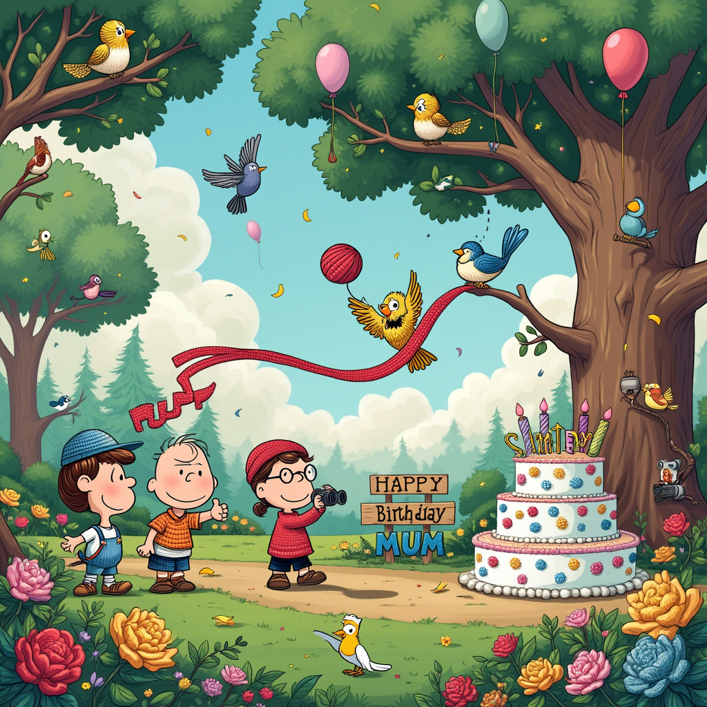 In this whimsical birthday scene, the setting is an extraordinary open-air birdwatching Olympics, set in a lush, enchanted forest with towering trees and vividly colored flowers. A crochet sky stretches overhead, with fluffy clouds knitted in pastel hues. Perched on various branches and hidden in the foliage are an array of animated birds, each more fantastical than the last—some with crochet patterns woven into their feathers, others wearing tiny knitted hats and scarves.

In the foreground, a group of quirky cartoon characters (reminiscent of Schulz’s Peanuts) are participating in the "Crochet and Birdwatching Pentathlon." There is a cheerful, bespectacled birdwatcher holding a pair of binoculars and a bird guidebook with wings flapping on its cover. Next to them, another character is frantically crocheting a long scarf that stretches across the ground, their fingers moving so fast they seem to blur. A podium stands nearby with three levels, and on each level is a bird wearing a gold, silver, or bronze medal that looks like it's been crocheted. Each bird strikes a victorious pose, chest puffed out.

In the background, a large, friendly tree has branches spelling out "Happy Birthday Mum" in elegant crochet, with the words appearing to be part of the very bark itself. Balloons in the shapes of different birds float around, adding a festive air to the scene.

A central character, possibly resembling a playful Calvin and Hobbes figure, is in mid-leap trying to catch a yarn ball thrown by a small Astro Boy-like robot companion, creating a dynamic sense of motion. At the edge of the scene, a classic Disney-inspired animal (perhaps a small woodland creature like a rabbit or squirrel) sits beside a giant birthday cake, the icing shaped into feathers, with "Mum" written in icing on the top tier, surrounded by candles shaped like binoculars and tiny birds.

Every detail is bustling with life and color, blending the whimsical charm of Peanuts and Disney with the adventurous spirit of Tintin and the surreal humor of The Far Side.
Generated with these themes: Crochet, Birdwatching, and Olympics.
Made with ❤️ by AI.