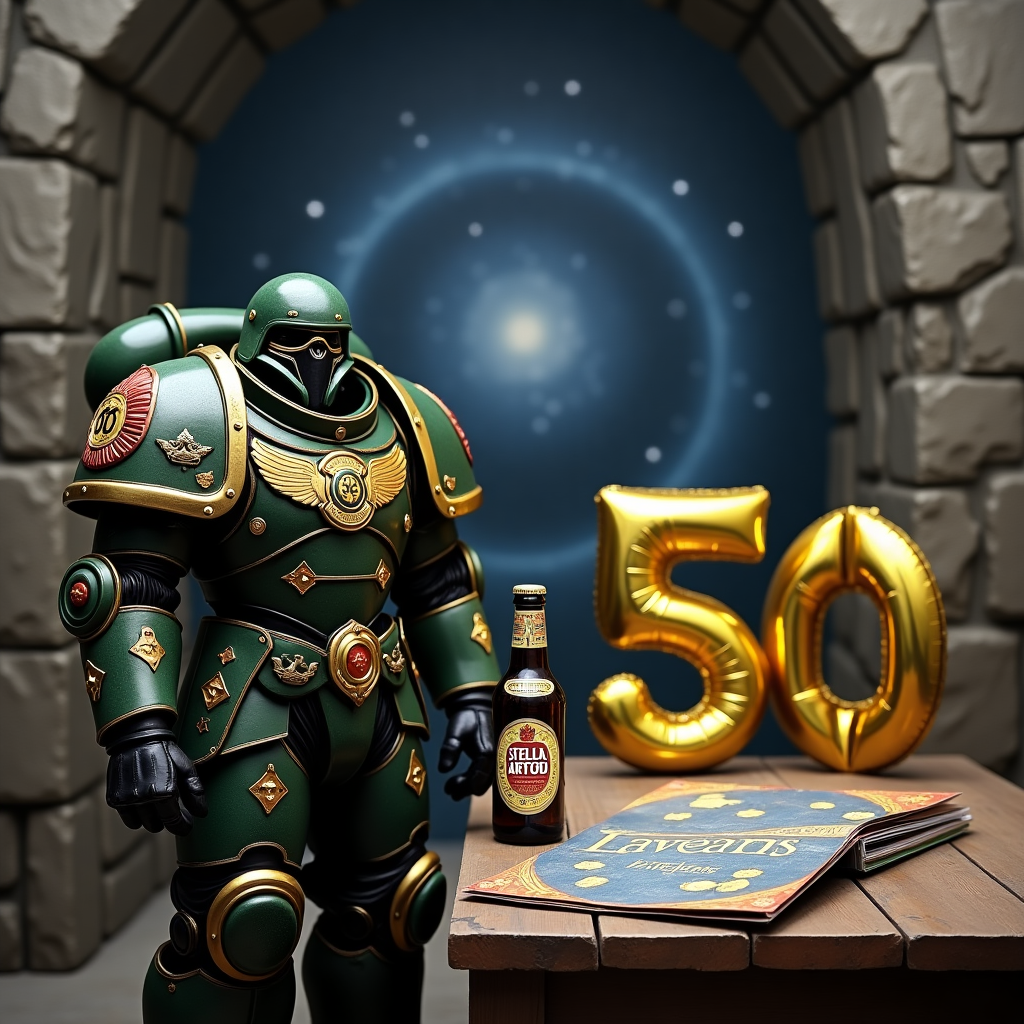 In the foreground, a majestic Space Marine from the Dark Angels chapter stands resolute, clad in ornate green and black power armor adorned with the chapter’s iconic winged sword insignia. His detailed armor gleams under the soft, diffused light, capturing the intricate textures and emblems characteristic of Warhammer 40k.

To his right, a chilled bottle of Stella Artois, with its classic red and gold label, rests on a wooden table that looks worn and sturdy, like it's been through many celebrations. The glass bottle catches a bit of light, showing the condensation on its surface, and sits near an open Stone Roses album, the cover vividly featuring its famous lemon-slice design in stark yellows against a blue background.

Floating nearby is a large, metallic gold "50" birthday balloon, its surface smooth and reflective, catching the room’s ambient light, casting soft, curving shadows on the surroundings. The golden hue is contrasted by an old, weathered Audi scrap piece, the recognizable four-ring logo scratched and rusted, leaning against a dark, rugged stone wall that feels ancient yet enduring.

Hovering in the background, the Rangers FC badge appears carved into the surface of a distant cliff face, the blue, red, and white colors standing out against the natural gray stone, as if etched by the passage of time yet still proud and defiant.

Above, the sky is a vast expanse of cosmic wonder, swirling with galaxies and stars, a nod to the Warhammer 40k universe’s eternal darkness. Here, in this celestial scene, the name "Kevin" is subtly woven into the pattern of the stars, written in a constellation-like font, bringing a personal touch to the grand scale of the universe depicted.

The setting is a blend of the futuristic and the timeless, capturing the rich narrative of Warhammer 40k while seamlessly integrating everyday elements that speak to Kevin's interests, all coming together to celebrate a monumental 50th birthday.
Generated with these themes: Warhammer 40k, Stella Beer, Space marine, Dark angel chapter, 50th birthday balloon, Stone roses album, Audi scrap, and Rangers fc badge.
Made with ❤️ by AI.