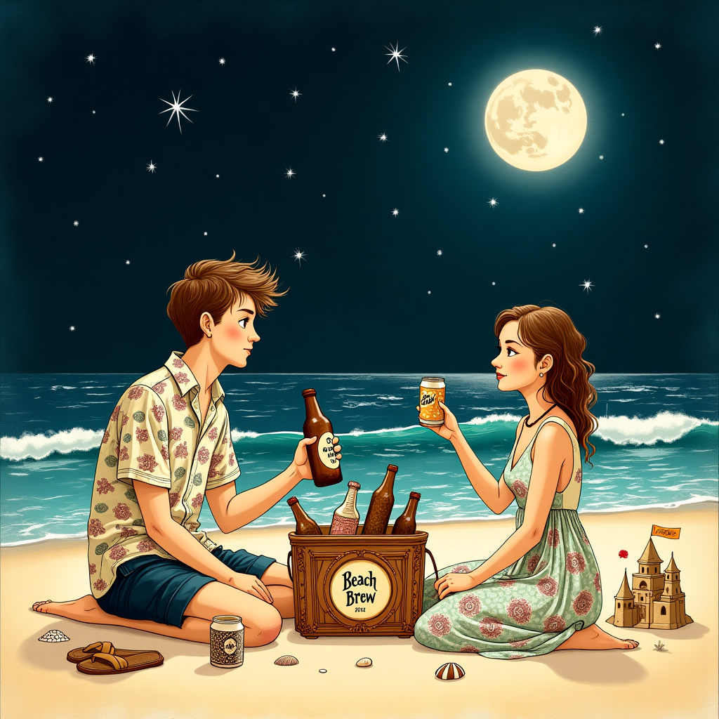**Illustration Concept:**

In a whimsical and expressive hand-drawn style, the scene unfolds on a moonlit beach. Inspired by the intricate details of Aubrey Beardsley and the imaginative whimsy of Maurice Sendak, the foreground is richly illustrated with a young couple seated on the sand.

**Foreground:**
- **Characters**: 
  - The young male, with tousled hair reminiscent of a classic storybook hero, is casually dressed in a vintage-style Hawaiian shirt with a hint of Rockwell's attention to fabric detail. He holds a bottle of beer, intricately detailed with the label reading "Beach Brew" in a playful font.
  - The young female, capturing the grace and elegance of a Beatrix Potter character, is adorned in a flowing sundress with delicate floral patterns. She holds a beer can and is depicted mid-question, her hand elegantly gesturing towards the starry sky.
  
**Middle Ground:**
- A small, ornate cooler with a hint of Edward Gorey’s Gothic whimsy sits beside them, slightly ajar, revealing a variety of bottles and cans.
- Scattered seashells and a few forgotten sandals add a touch of realism, inspired by the storytelling depth of Arthur Rackham's work.

**Background:**
- The ocean is rendered in deep blues and silver, capturing the enchanting glow of Maxfield Parrish's ethereal night scenes. The waves gently lap at the shore, each crest highlighted by the moon’s silver light.
- Above, the night sky is a tapestry of stars, meticulously detailed like Gustave Doré's celestial illustrations. Amongst the stars, a small cloud formation subtly shapes the word "Poppy," echoing Quentin Blake's playful yet sophisticated letter forms.

**Additional Elements:**
- A small, whimsical sandcastle sits a few feet away, with tiny flags fluttering, evoking the charm of N.C. Wyeth’s adventure-filled illustrations.
- Nearby, a slender driftwood piece sticks out from the sand, upon which a lantern hangs, casting a warm glow, its light akin to the soft hues favored by Norman Rockwell.
  
This delightful and intricate scene offers an inviting glimpse into a serene and magical Valentine’s night, blending the enchanting details and stylistic influences of celebrated illustrators to create a card front that tells a visual story all its own.
Generated with these themes: Young make and female sitting on beach at night drinking beer, and Female is asking question.
Made with ❤️ by AI.