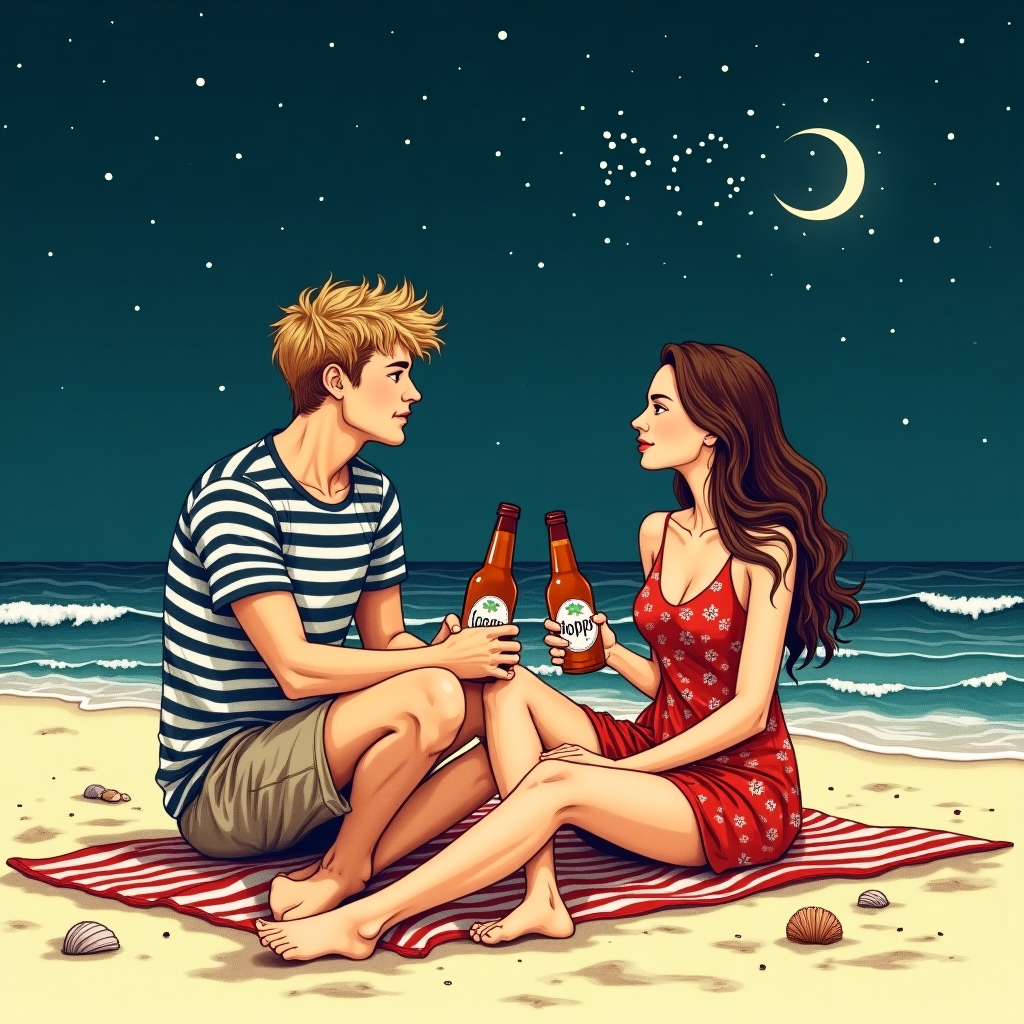 Young make and female sitting on beach at night drinking beer, and Female is asking question Valentines-day Card