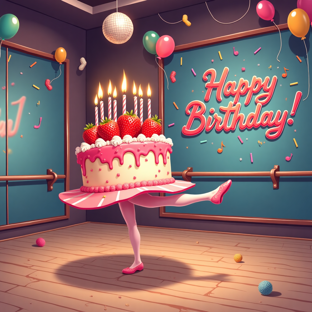 At the top of the vector image, “Jane, You’ve Still Got the Moves—Even if the Cake Has More Candles Than a Dancefloor Has Disco Balls!”

A humorous vector-style image set inside a quirky dance studio. In the center of the studio, a giant, wobbly strawberry birthday cake is striking a ridiculous ballet pose on one frosting-covered toe—like it's mid-pirouette. The cake has exactly 40 oversized, flaming candles that are swaying like dancers doing the cha-cha, and one is using a barre for support. Mirror-lined walls reflect the chaos, with frosting smears and scattered sprinkles adding to the comedy. A disco ball hangs from the ceiling, made of glistening sugar cubes.

Colorful balloons are shaped like dance shoes and notes float around, giving it rhythm. Along the mirrored back wall in fancy frosting-writing: "Happy Birthday!" gleams proudly in bold, swirly pink and red lettering, with cheeky icing splatters making it clear this birthday is burning more than just calories.
Generated with these themes: Dance studio, Strawberry birthday cake, 40 candle, No people, and Write happy birthday.
Made with ❤️ by AI.