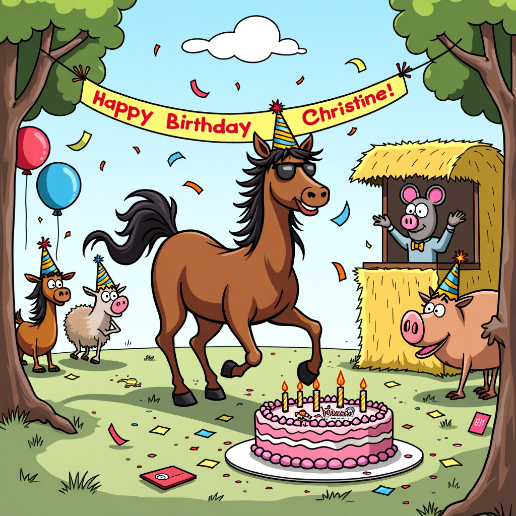 At the top of the cartoon image: "Hold your horses, Christine — it’s your birthday!"

Prompt:  
A funny cartoon scene of a fabulous, slightly frazzled horse wearing a party hat and sunglasses, trotting wildly through a birthday party. Balloons and confetti fly everywhere as the horse knocks over a cake table, with frosting splattered in every direction. Party guests (including a confused goat, a surprised chicken, and a giggling pig) are caught in the chaos, wearing mismatched party hats. In the background, a “Happy Birthday Christine!” banner hangs crookedly between two trees, while a mouse DJ spins tunes from a haystack booth. Bright, cheerful colors and exaggerated expressions add to the hilarious party mayhem.
Generated with these themes: Horse.
Made with ❤️ by AI.
