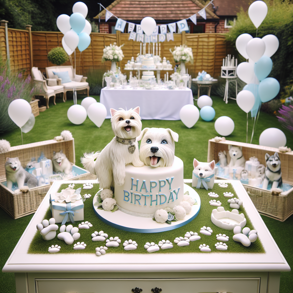 Envision a snug backyard festivity, marked by a 'Happy Birthday' banner featuring a jovial white Maltese terrier and a pristine white husky floating above in the soft wind. Throughout the garden, authentic paw print decor guides guests to a main table, which holds an exquisitely fashioned cake crowned with a realistic figurine of a Maltese and husky. The immediate area is bordered by white and light blue balloons, along with whimsical party gifts distributed around, all of which compose an adorable and heartfelt birthday ambiance.
Generated with these themes: White Maltese terrier, Pure white husky, and  Maltese and husky happy birthday banner.
Made with ❤️ by AI.