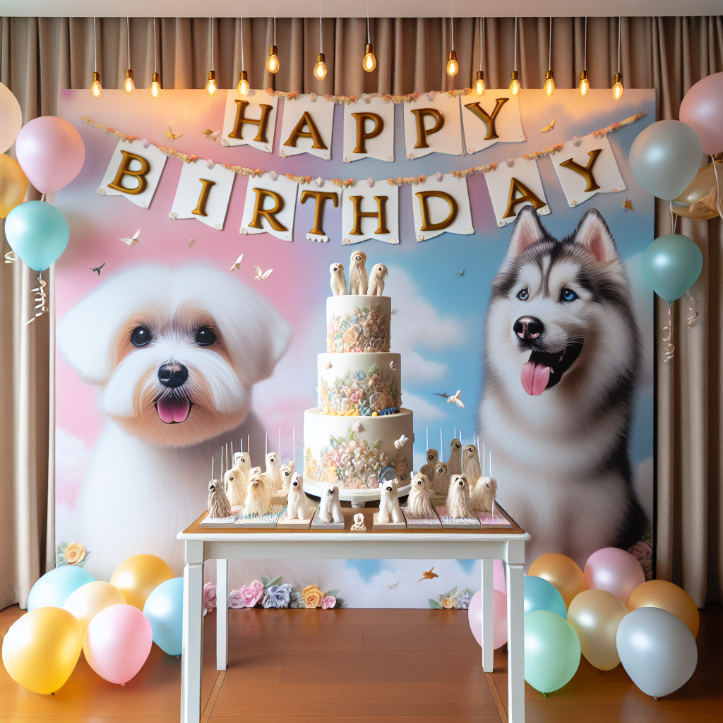 Imagine a warmly lit room, decorated for a birthday party. The main attraction is a banner spelling 'Happy Birthday', adorned with images of two dogs - a fluffy white Maltese terrier and a majestic pure white husky, both pictured with their tails mid-wag to convey an air of joviality. Underneath this banner, a table centre-pieces a spectacular cake. This cake is an exquisite work of edible art, painstakingly decorated with miniature fondant sculptures of both breeds, amplifying the dog-themed festivity. Pastel-colored balloons dance lightly in the air above, while streamers of the same palette cascade mildly down the walls. The entire tableau reflects a deft balance between engaging realism and endearing cuteness.
Generated with these themes: White Maltese terrier, Pure white husky, and  Maltese and husky happy birthday banner.
Made with ❤️ by AI.