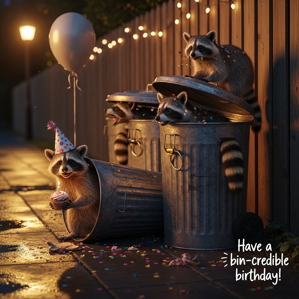 Raccoons in dustbins, , and Birthday Card