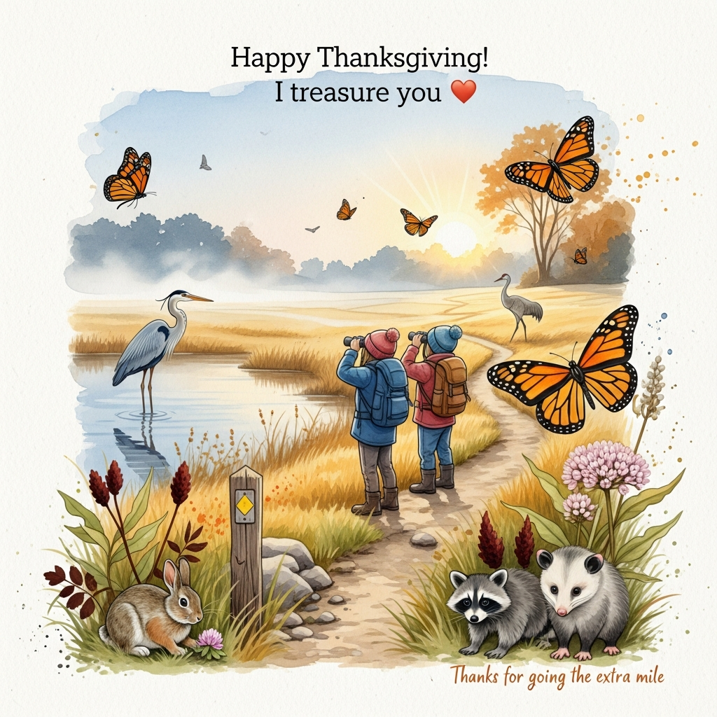 Hiking on the ice age national scenic trail, birdwatching, monarch butterflies, blue herons, sandhill cranes, raccoons, opossums, eastern cottontail rabbits, and Thank-you Card