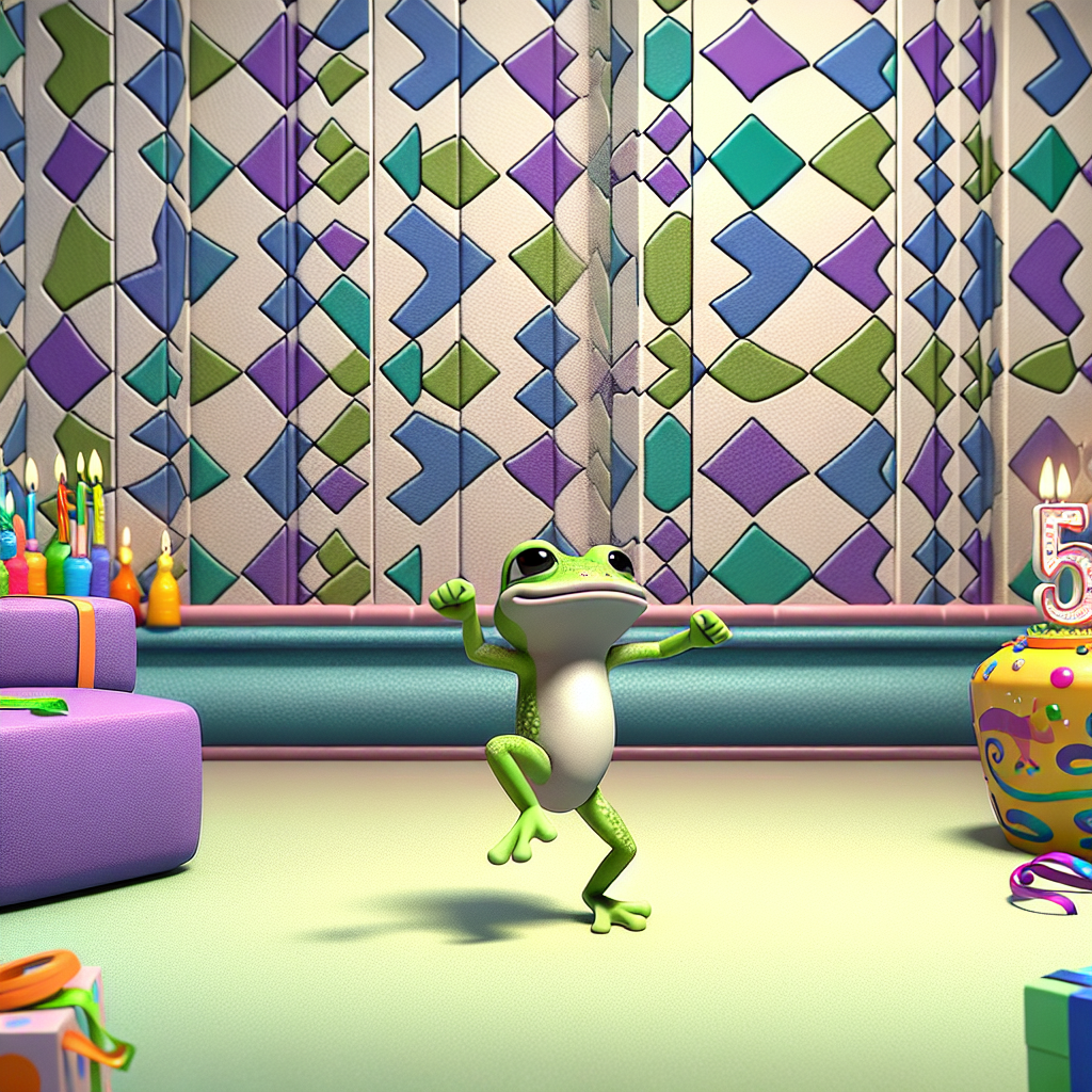 In the animated scene, a small amphibian character is the center of attention, exhibiting its superior dance techniques in a delightful romp. The whimsical background constitutes an amusing blend of repeating motifs, reminiscent of the tessellated terrain found in popular, vintage video games. The ambience bristles with the thrill of a birthday celebration, emphasized by merry decor and a abundance of multicolored celebration accessories.
Generated with these themes: Mario toad, Dancing, and Tiling.
Made with ❤️ by AI.
