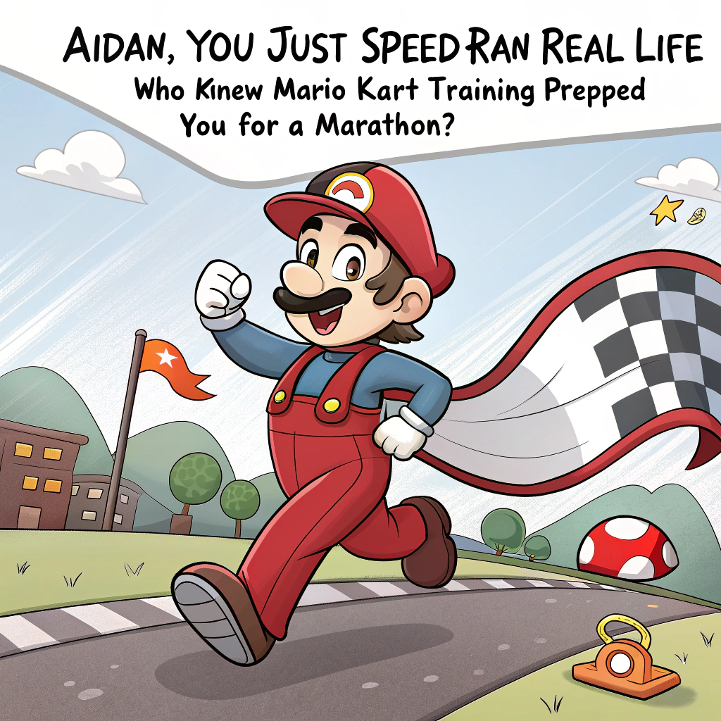 At the top of the image, "Aidan, you just speed-ran real life — who knew Mario Kart training prepped you for a marathon?"

– Create a vibrant and playful cartoon illustration showing Aidan (in stylized cartoon form) dashing through a marathon finish line dressed like Mario, complete with red overalls, a cap with a big "A" on it, and a cape flowing behind him.

– Around him, cheering pixelated spectators from various classic Nintendo games—Yoshi waving a flag, Princess Peach holding a glittery “GOOD LUCK!” banner, and Donkey Kong tossing barrels of sports drink.

– A pixelated "Achievement Unlocked!" pop-up floats above his head like a gaming notification.

– Confetti shaped like gold coins and power-ups rains down from the sky, and one cheeky Goomba in the crowd holds a sign that says "That’s-a my speedrun champ!"

– Include power meters and "Health Bar: FULL" graphics at the corner to tie in gaming visuals.
Generated with these themes: Marathon, Good luck, Gaming, and Nintendo.
Made with ❤️ by AI.