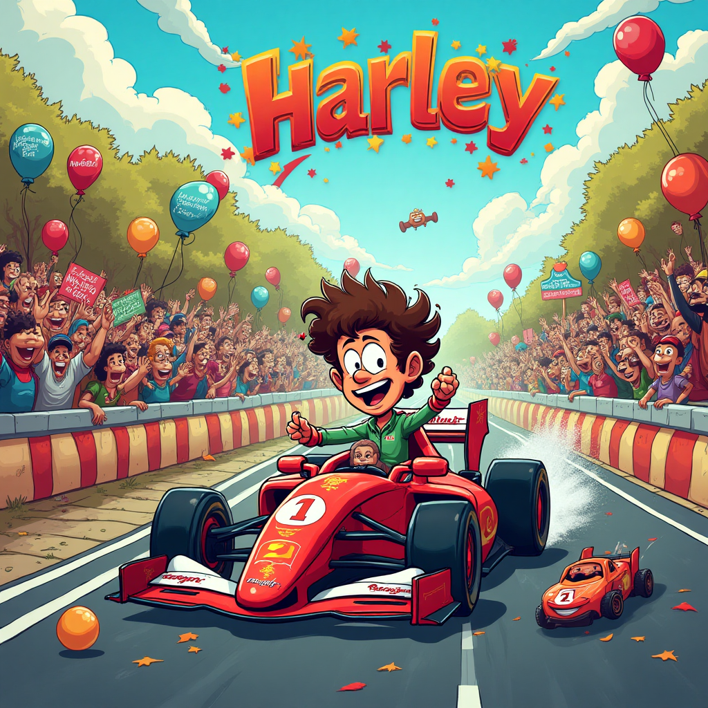 At the top of the Cartoon Style image, write "Happy birthday Harley".

**Image Description:**

Imagine a playful cartoon scene where Lando Norris, the charismatic F1 driver, is racing through a vibrant, colorful birthday wonderland. Lando is depicted with an exaggerated, cheeky grin, his signature curly hair bouncing wildly as he speeds along in a cartoon-style F1 car, which is decked out with birthday balloons and streamers trailing behind. 

Around him, a crowd of excited cartoon spectators, including various quirky characters like talking animals and whimsical creatures, cheer wildly, holding signs with amusing birthday puns such as "Racing into Another Year!" and "Fast Lane to Fun!".

In the foreground, a giant, tiered birthday cake shaped like a race track sits, with little racing cars zooming around it. Bright, saturated colors fill the scene, and the whole image bursts with energy and festive joy, capturing the thrill of both racing and celebrating a special day.
Generated with these themes: Lando Norris F1, and .
Made with ❤️ by AI.
