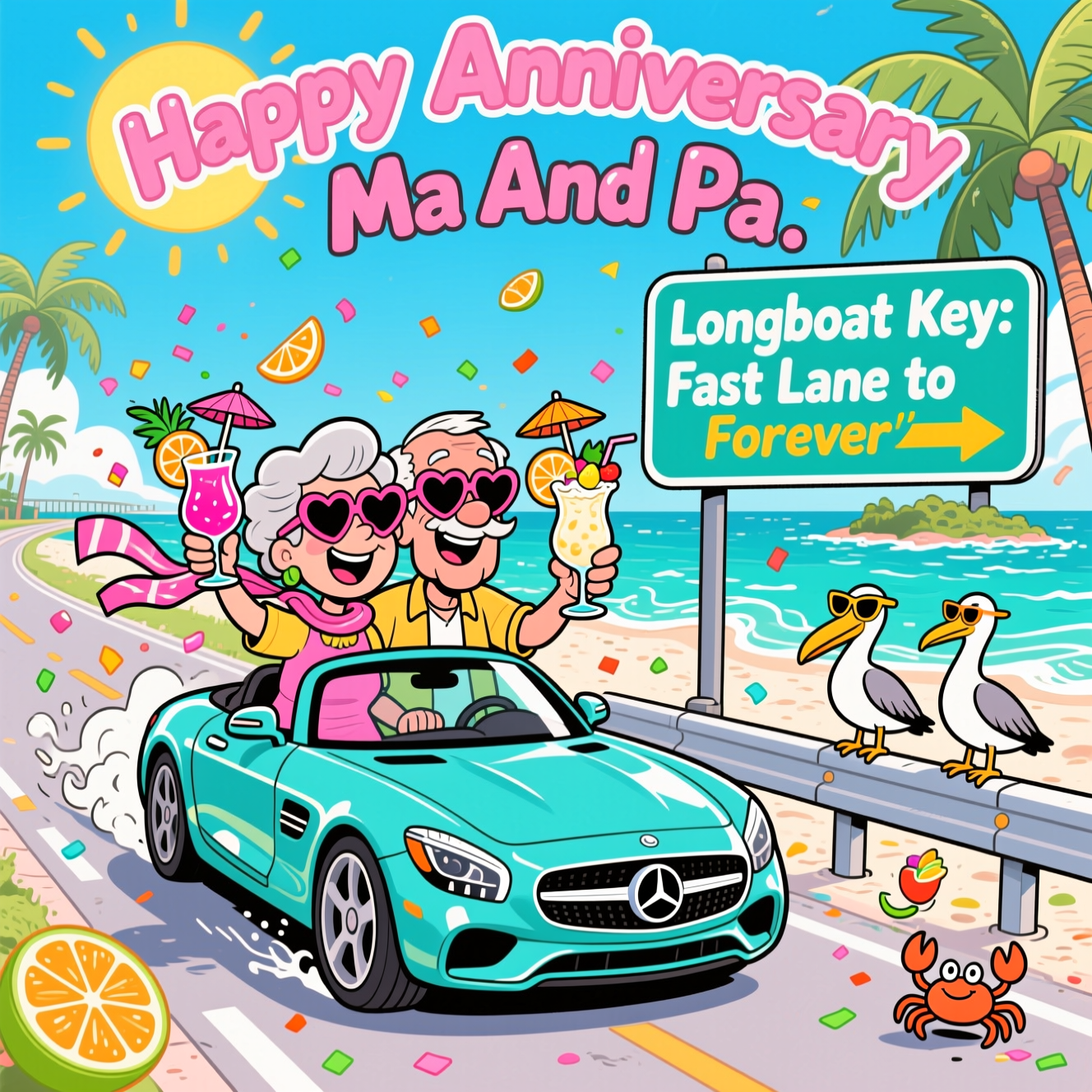 Longboat Key,Mercedes, Cocktails, Road Sign, and Anniversary Card