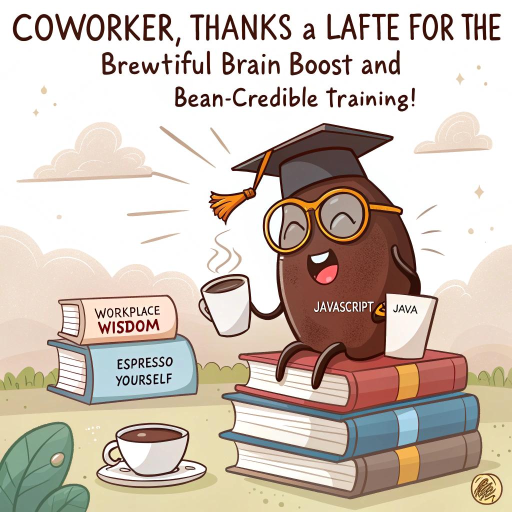 At the top of the image, "Coworker, thanks a latte for the brew-tiful brain boost and bean-credible training!"

- The image is a cartoon-style scene featuring Coworker (a stylized, humorous version) as a wise coffee bean wearing graduation robes and oversized nerdy glasses, perched on top of a mountain of books titled “Workplace Wisdom,” “JavaScript & Java,” and “Espresso Yourself.”

- Surrounding the wise coffee bean Coworker are a few cheerful cartoon coworkers sitting cross-legged like eager students, sipping lattes and taking notes.

- A tiny office coffee machine at the base of the book mountain has a “Magic Knowledge Brew” label, spouting steam shaped like thought bubbles.

- In the background, a sunshine peeks in through a cubicle window with rays that look like motivational sticky notes.

- Add at the bottom of the image, “Without you, we’d be de-caffeinated and de-clueless!”
Generated with these themes: Appreciate the knowledge training and opportunity to.
Made with ❤️ by AI.