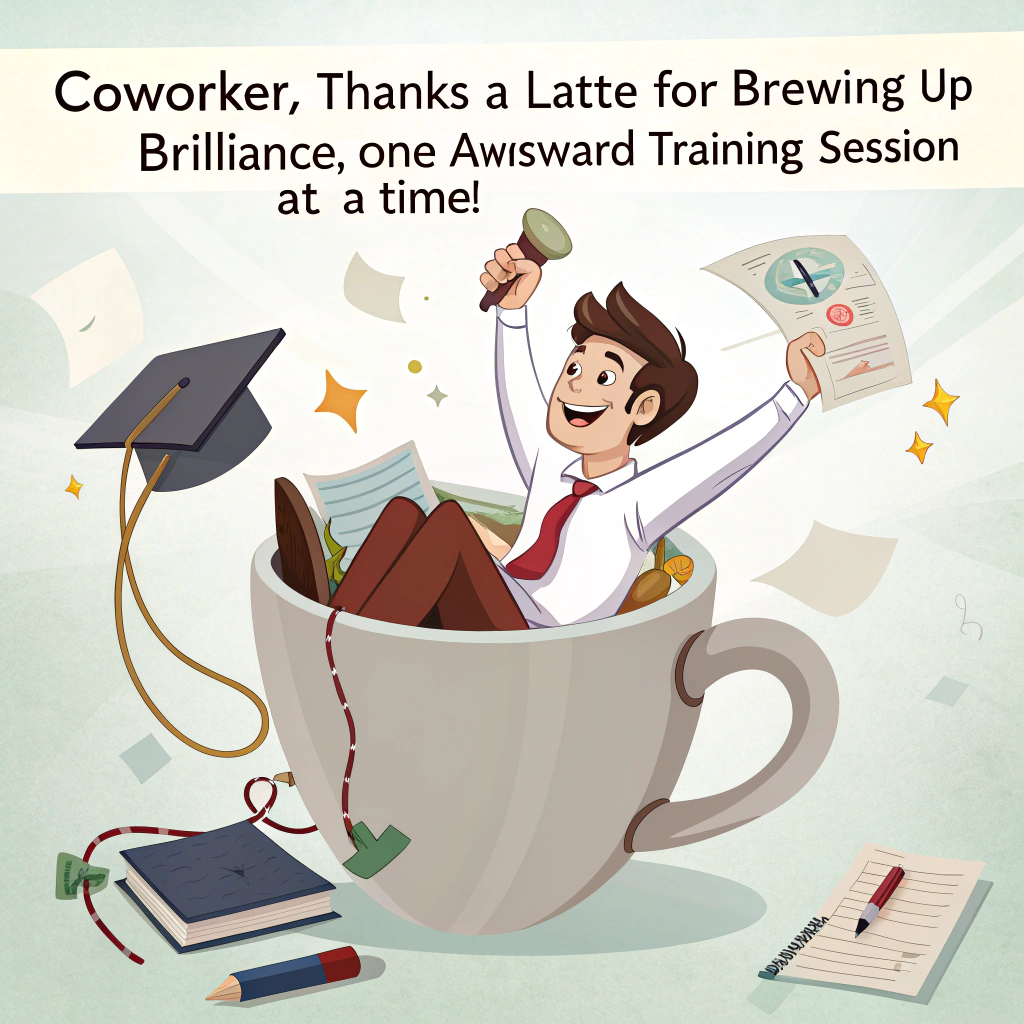 At the top of the image, "Coworker, thanks a latte for brewing up brilliance, one awkward training session at a time!"

- The image shows a cheerful, slightly frazzled office worker (aka "Coworker") inside a giant coffee mug that’s spilling over with documents, sticky notes, and a tangled charging cable shaped like a graduation cap.
- They're holding a tiny diploma in one hand and a wildly unhelpful training manual in the other, while riding a paper airplane labeled "Opportunity" toward a bright but slightly chaotic sunrise.
- A motivational poster on the mug reads: "Knowledge is knowing a tomato is a fruit... Opportunity is pretending that matters in this job!"  
- Around the base of the mug, little cartoon beans with coffee mugs of their own are cheering, with speech bubbles like “Bean there, done that!” and “You’re a real drip—just kidding!”
Generated with these themes: Appreciate the knowledge training and opportunity to.
Made with ❤️ by AI.