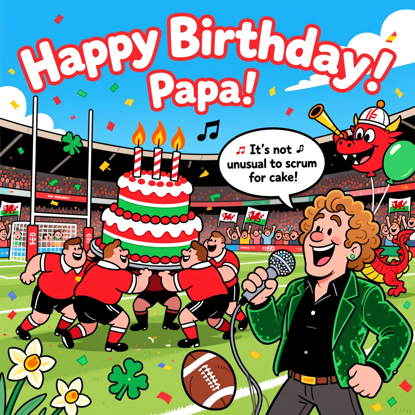 At the top of the Cartoon Style image, Happy Birthday Papa!

Playful cartoon scene with exaggerated proportions, thick black outlines, and bright saturated colors: A packed Welsh rugby stadium under a sunny blue sky. Center stage, a goofy, over-the-top scrum of burly, red-jerseyed Welsh rugby players (white collars, black shorts) heave against a gigantic three-tier birthday cake decorated in red, white, and green; the far goalposts are giant birthday candles with lively flames. Confetti shaped like daffodils and leeks swirls across the pitch. On the right, a charismatic cartoon Tom Jones—curly hair, cheeky wink, open-collared black shirt under an emerald velvet jacket—belts out a tune into a glittery rugby-ball microphone. A speech bubble from him (one line) reads: "It's not unusual to scrum for cake!" with tiny musical notes. A friendly red Welsh dragon mascot in a scrum cap zips past with a party blower and rugby-ball balloons. Fans in the stands wave little Welsh flags; faces are joyful and silly. Emphasize energetic poses, motion lines, and cel-shaded color blocks; no realistic detail. Render the top text in big curved, bubbly letters with white fill and chunky red outline, leaving clear sky space for it; avoid any other on-field text or logos. Bright, festive, and funny mood.
Generated with these themes: Welsh Rugby union, Tom Jones, and .
Made with ❤️ by AI.