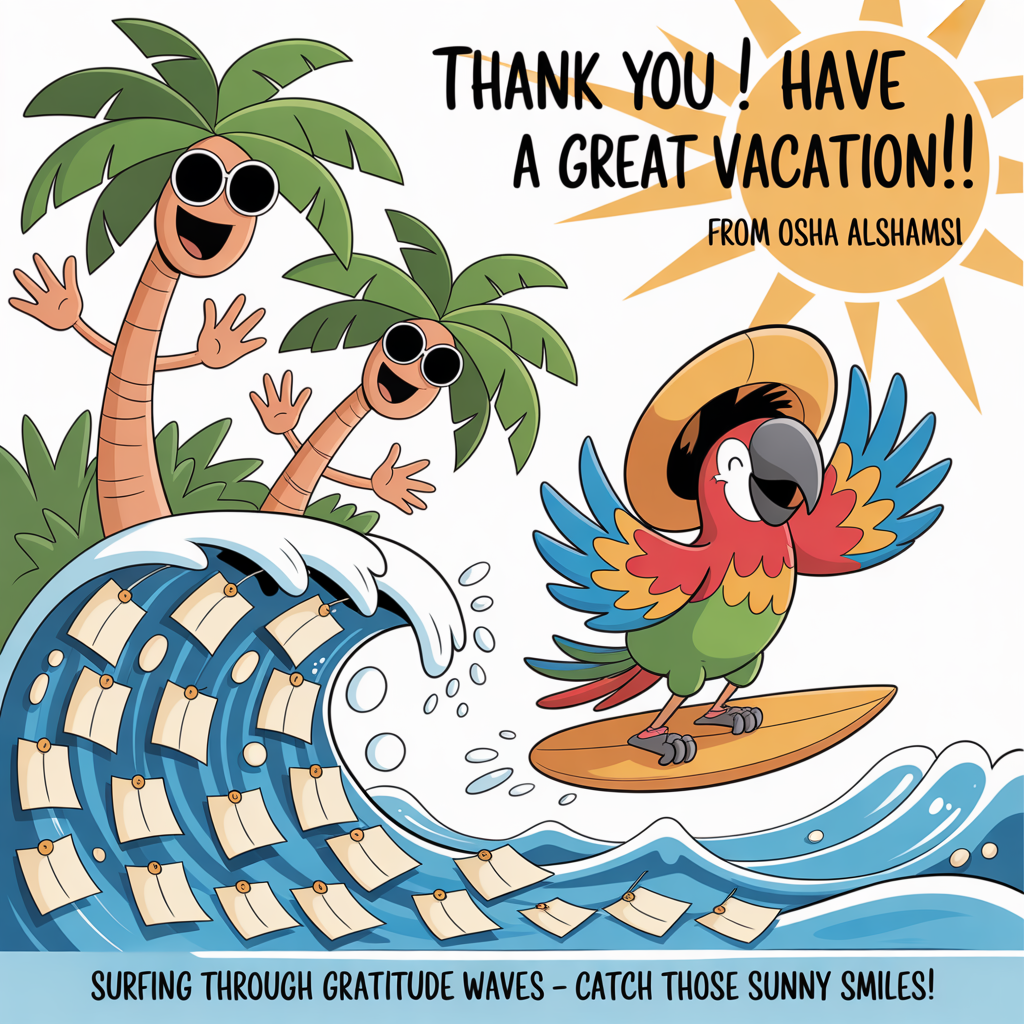 At the top of the image, "thank you !! Have a great vacation!! from Osha Alshamsi":

At the bottom of the image, "Surfing through gratitude waves – Catch those sunny smiles!" 

- Imagine a lively cartoon scene with anthropomorphic palm trees wearing sunglasses, joyfully swaying their arms as they wave goodbye. A colorful parrot with an oversized beach hat surfs effortlessly on a wave made of thank-you notes, each carrying a heartfelt message. The sun beams down warmly, adding a bright and cheerful vibe to the tropical vacation scene.
Generated with these themes: Tropical vacation , and .
Made with ❤️ by AI.