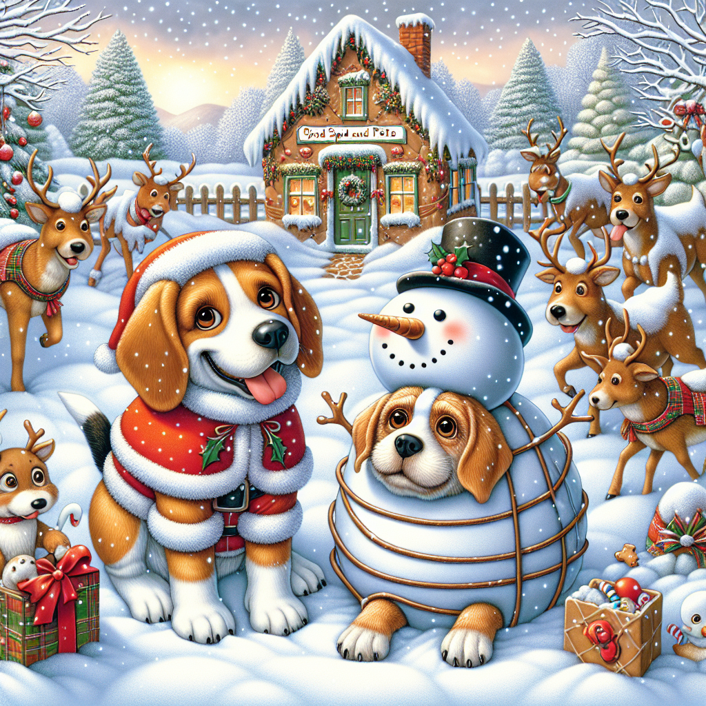 An animated snowy scene where playful snowflakes dance around Spud, a pontificating beagle dressed in a Santa suit and Pete, an exasperated but loving Labrador, stuck in a snowman costume. They're surrounded by mischievous cartoon reindeer, and draped across a gingerbread house is the banner 'Spud and Pete', adding a touch of charm to the frosty mayhem.
Generated with these themes: Dog/husband.
Made with ❤️ by AI.