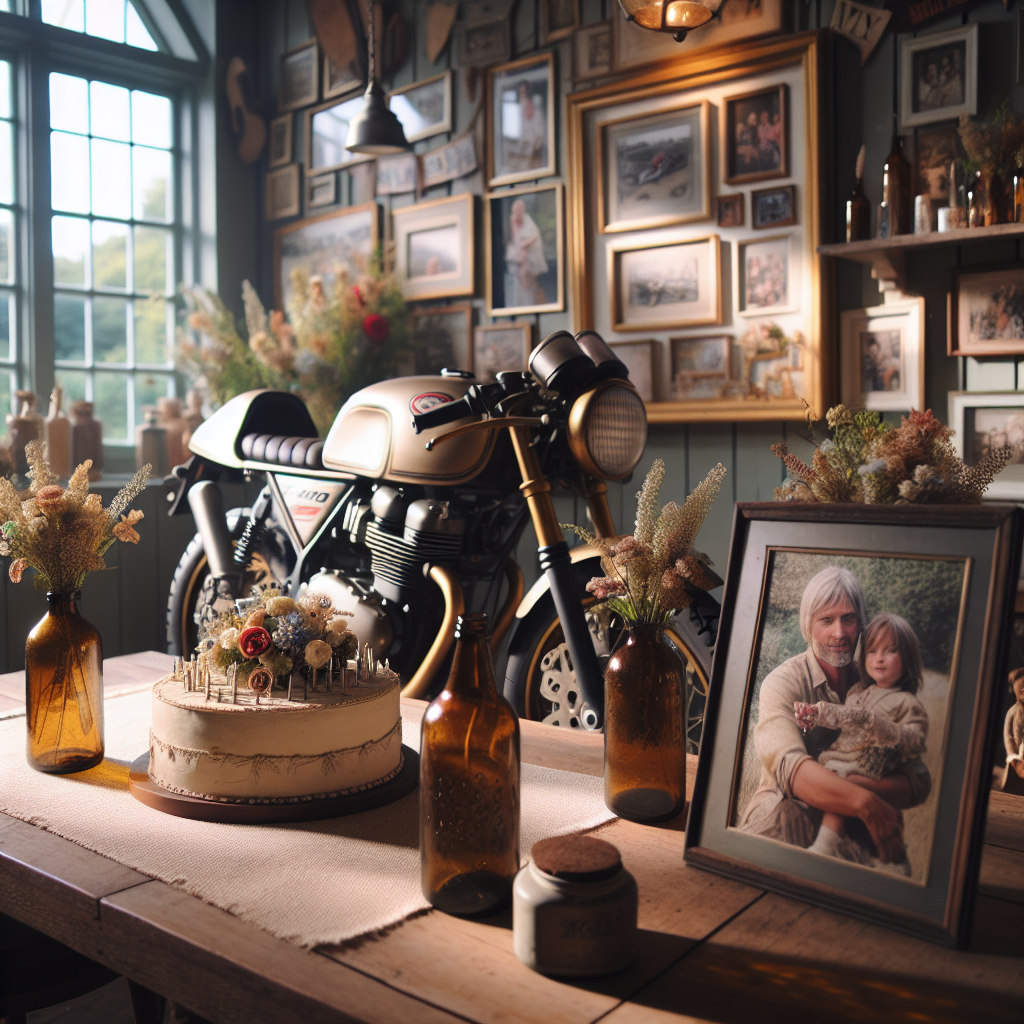 Feel the warmth and intimacy of a room beautifully decorated for a birthday celebration. Realistic and elegant adornments can be seen throughout the space. An exceptional replica of a 250cc motorcycle model sits with pride on the cake table, looking as though it could roar to life any second. Antique glass bottles, stylishly repurposed into rustic vases, hold bunches of wildflowers that enhance the room's captivating appeal. In a cosy corner, a heartfelt tribute titled 'My mum' features a collage of photographs and keepsakes encapsulating numerous precious memories, adding a profound sense of family and heritage to the event.
Generated with these themes: Yamaha 250, Tyski beer, and My mum.
Made with ❤️ by AI.