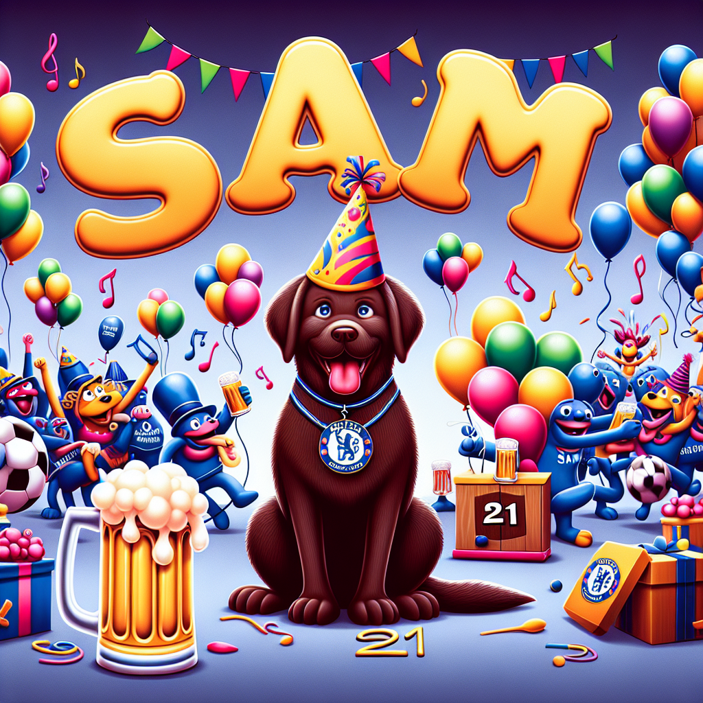 A charming scene of a birthday party is unfolding with a lovable chocolate Labrador at its center, donning a celebratory hat and surrounded by an array of multicolored balloons. 'Sam', written in a playful cartoon font, occupies the middle of the scene, accompanied by the number '21' decorated with amusing designs. Instead of FC Chelsea's emblem, an abstract emblem, suggestive of a festive celebration, is prominently displayed. The atmosphere is further enlivened by the presence of beer mugs and musical notes playfully floating around. A group of imaginary cartoon creatures, brimming with joy, are seen dancing and indulging in the festivities, with an entertainer dressed in a quirky costume garnering attention in the backdrop.
Generated with these themes: Sam, 21 birthday, FC Chelsea, beer, music, baloons, chockolate labrador, friends, Elvis .
Made with ❤️ by AI.