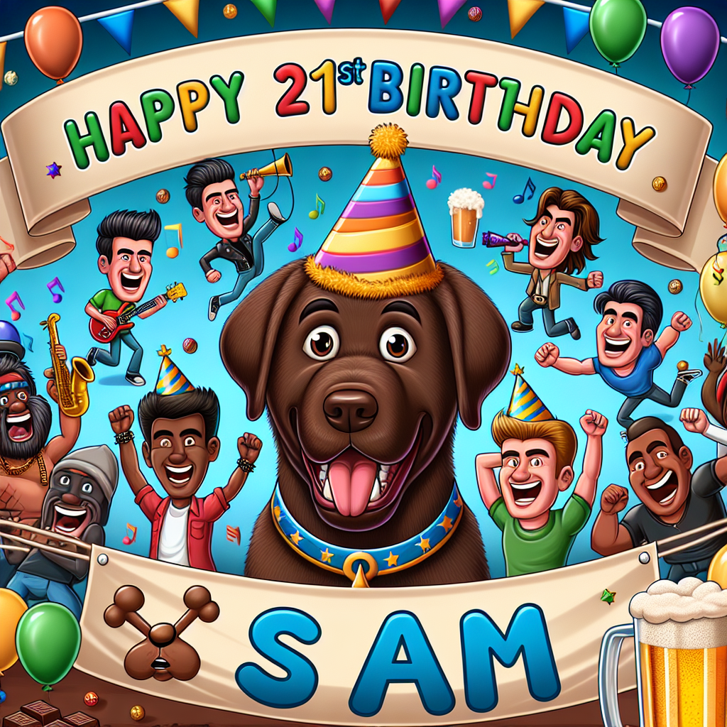 Sam, 21 birthday, FC Chelsea, beer, music, baloons, chockolate labrador, friends, Elvis Birthday Card