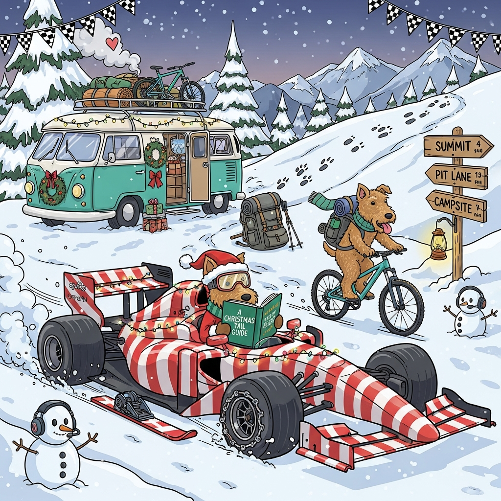 Formula One, 2 Welsh Terriers, Reading, Mountain bike, campervan, hiking. , and Christmas Card