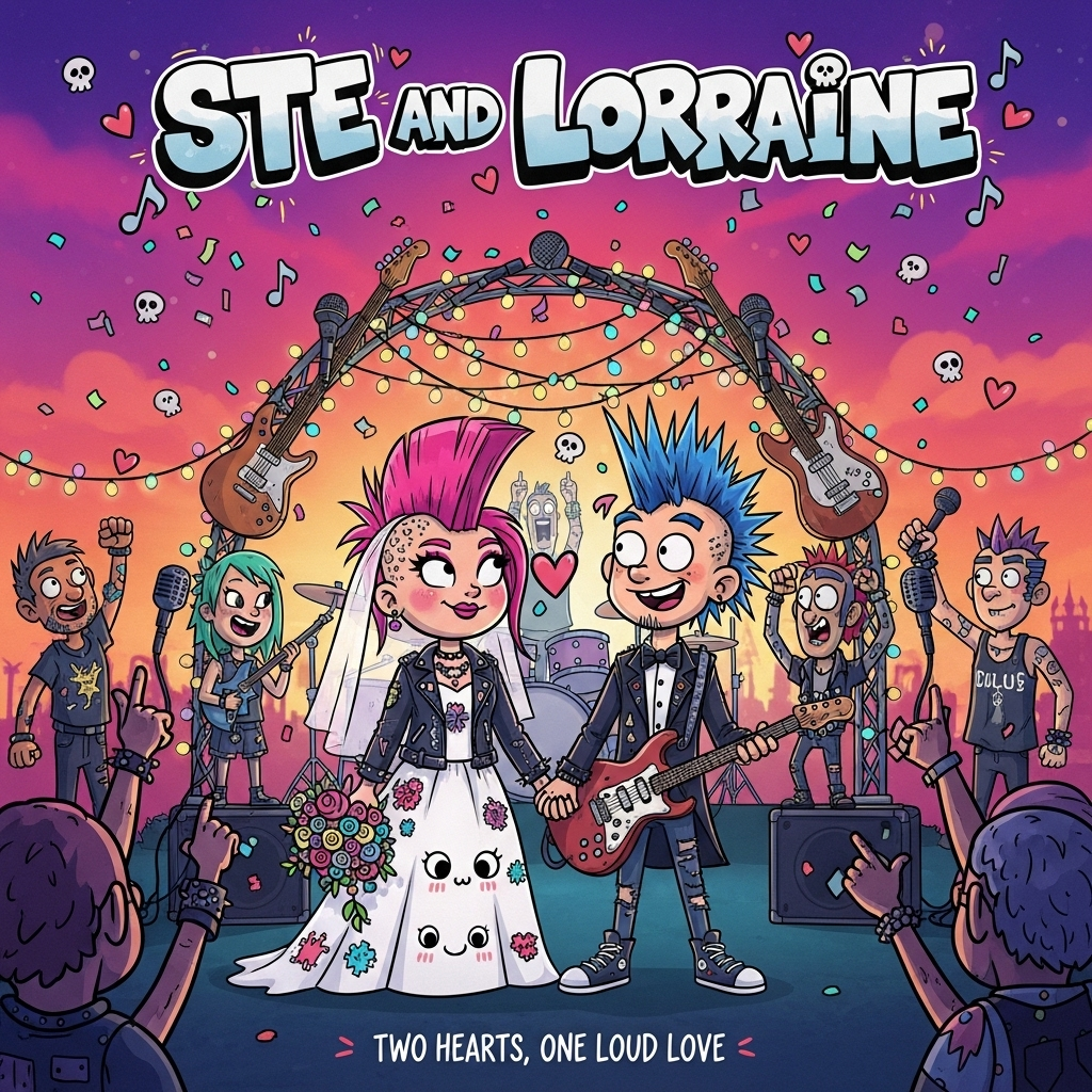 At the top of the Cartoon Style image, write “Ste and Lorraine” in bold, graffiti-inspired bubble letters, with tiny hearts and music notes around it.  

A vibrant, playful cartoon scene of a romantic punk rock wedding: the bride, with bright pink hair in a wild mohawk, wearing a leather jacket over her white wedding dress covered in cute patches and studs; the groom, with electric blue spiky hair, in a tuxedo jacket with ripped jeans and Converse, holding a guitar instead of a bouquet. They stand hand in hand under an arch made of guitars, microphones, and strings of fairy lights, surrounded by their punk friends as the “wedding band” rocks out on stage behind them. Confetti rains down in the form of tiny skulls and hearts, and the background glows with saturated sunset pinks, purples, and neon blues. The mood is bursting with romance and rebellious joy, with exaggerated, whimsical cartoon expressions.  

Small caption at the bottom in playful handwritten font: “Two Hearts, One Loud Love.”  
Generated with these themes: Punk rock, and .
Made with ❤️ by AI.