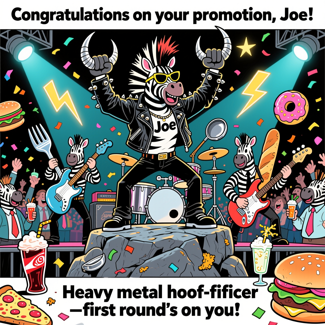 At the top of the Cartoon Style image, "Congratulations on your promotion, Joe!"

At the bottom of the image, "Heavy metal hoof-ficer—first round's on you!"

Create a bold, funny cartoon scene: In the center, a triumphant zebra “Joe” strikes a power pose atop a giant craggy rock stage, throwing up metal horns. He’s rocking an oversized leather jacket with shiny metal studs, chunky sunglasses, and a wildly spiked mohawk mane. Surround him with a zebra rock band: one shreds an electric guitar shaped like a giant silver fork, another bangs a drum kit made from gleaming metal pots and pans, and a third slaps a bass shaped like a baguette. A cheering herd of zebras in loosened office ties mosh below, waving frosty drinks (sodas, milkshakes, sparkling mocktails) and juggling cartoon-tall burgers, pizza slices, and donuts. Scatter confetti shaped like lightning bolts and chrome guitar picks; add neon spotlights and starbursts. Keep the top and bottom areas clear for the text. Style it with thick black outlines, bright saturated colors, exaggerated proportions, and high-energy, whimsical poses; chrome highlights on metal bits, and playful crumb-and-fizz details on the food and drinks. Dynamic, slightly low-angle composition to make Joe feel larger-than-life.
Generated with these themes: Zebras, rock, metal, drink, food, and .
Made with ❤️ by AI.
