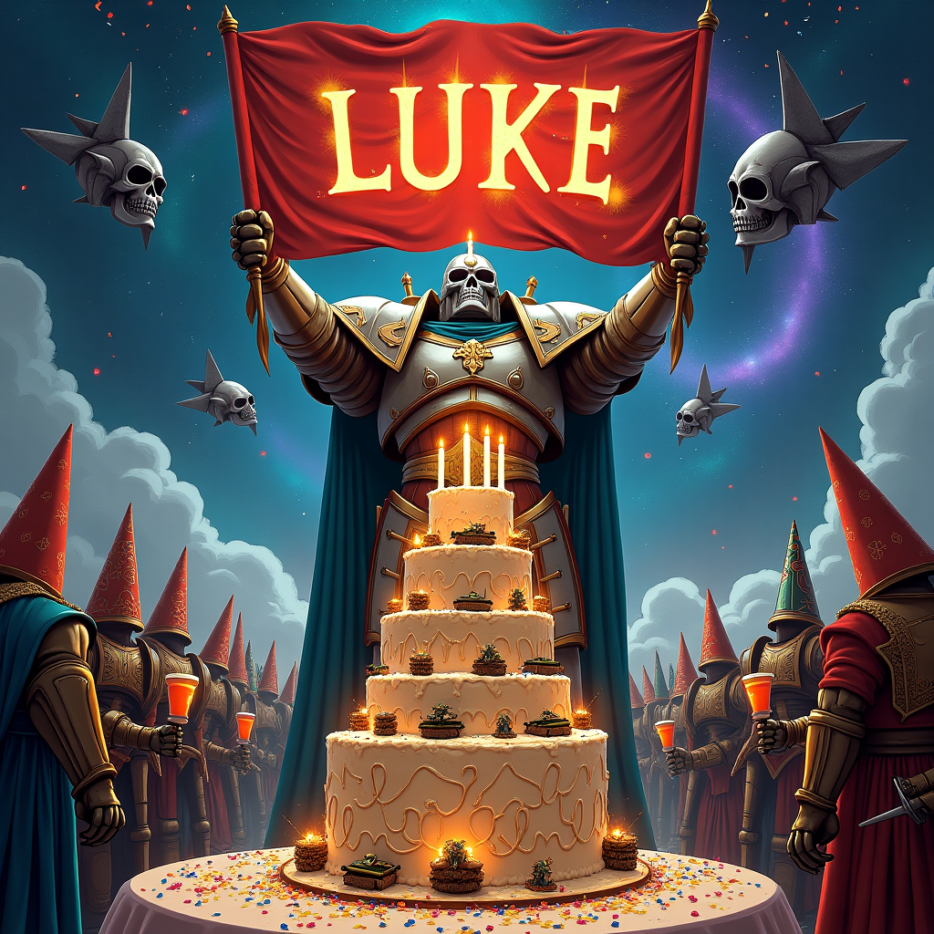 The front cover of the birthday card bursts with a whimsical fusion of Warhammer 40k epicness and Norman Rockwell's detailed vibrancy. Picture a mighty Warhammer 40k Brother Chaplain, resplendent in intricately detailed cerulean blue and polished silver armor, standing heroically amidst a lively birthday party. His armor glistens under an imaginary sun, reflecting hues of gold and crimson.  In the foreground, a grand, opulently decorated birthday cake towers, its frosting mimicking the gleaming metallic sheen of the Chaplain’s power armor. The cake’s layers are adorned with intricate glyphs and miniature models of battle tanks and warships, skillfully crafted in fondant. Atop the cake, instead of traditional candles, there are tiny sculpted effigies of Space Marines, their helmets artistically lit like candles.  To the left, a banner stretches across the top of the scene, painted in bold, gothic typeface with the word "Luke" in a daring shade of fiery red. It's held aloft by two servo skulls, tiny details of circuitry and blinking lights making them appear almost alive. In the backdrop, the night sky is a vast canvas of swirling galaxies and stars, reminiscent of Maxfield Parrish's dreamlike skies, setting the stage for this cosmic celebration.  Scattered around, cartoonish and lively, are a gathering of partygoers, each clad in imaginative variations of Warhammer-themed outfits. Their clothing is festooned with insignias and adorned with vibrant splashes of color: emerald greens, royal purples, and sunlit yellows. Detailed renderings of oversized, comically exaggerated party hats sit atop their heads, and each guest holds a goblet overflowing with an unearthly glowing beverage.  The ground is a checkerboard of rich browns and greys, mimicking a battlefield’s terrain, with scattered confetti mimicking fallen leaves in shades of bronze and gold. The trees in the background, reminiscent of Rackham’s delicate and swirling lines, appear to be constructed of twisted metal and flowering plasma blooms.  This birthday scene is both a feast for the eyes and a tribute to the grandeur of the Warhammer universe, skillfully intertwining the playful charm of Maurice Sendak with the ornate detail of Beardsley, all wrapped up in a narrative-worthy of a greeting card destined to make Pete’s birthday legendary.  Generated with these themes: Warhammer 40k brother chaplain. Birthday Card