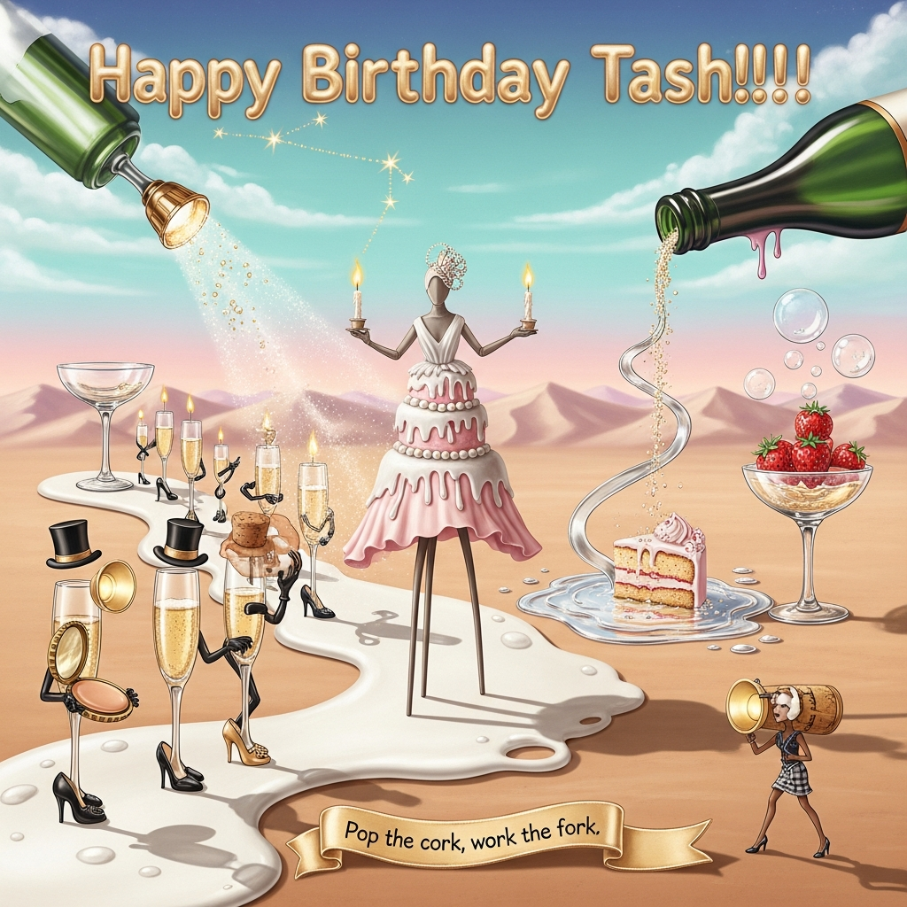 At the top of the Surreal Style image, place the text “Happy Birthday Tash!!!!” in shimmering champagne-gold bubble letters, softly glowing like fizzy foam.

Dreamlike, Dali-inspired fashion spectacle in an otherworldly pastel desert: a glossy fondant catwalk snakes and melts, casting long elastic shadows in ethereal twilight. Center stage, a faceless mannequin with elongated stilt-legs struts in a haute couture tiered birthday-cake gown—silken frosting drips, pearl-sugar beads glint, candle flames plume like feathery fascinators. A parade of champagne flutes sashays down the runway in tiny stilettos and cork top hats; one adjusts a compact made from a gold bottle cap, another wobbles theatrically as bubbles trail behind like helium moons. Overhead, a colossal uncorked bottle hovers, pouring a sparkling waterfall that curls like a satin sash, forming a mirror puddle where a cheeky cake slice practices its runway pose. Upside-down coupe glasses act as spotlights, casting liquid beams; sugar-sprinkle constellations twinkle; strawberries pop flashbulb seeds like paparazzi. The sky blends champagne gold, blush pink, mint, and lavender; textures are painterly with soft bloom, crisp highlights on glass, and surreal melting forms—funny, whimsical, chic.

At the bottom center, add a small playful caption on a floating sugar ribbon: Pop the cork, work the fork.
Generated with these themes: Champagne, cake, fashion, and .
Made with ❤️ by AI.