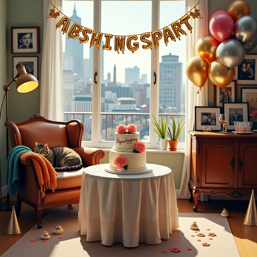 The greeting card features a lively and detailed scene set in a cozy apartment living room, capturing the essence of an "Abschiedsparty" with an anniversary twist. The room is bustling with lifelike details, inviting the viewer into the celebration.

**Foreground:**
- A large, round table sits at the center, draped in a white lace tablecloth. On it, there's a beautifully crafted cake decorated with intricate icing designs. The cake is two-tiered, each layer topped with delicate sugar roses in shades of pastel pink and cream. The word "Abschiedsparty" is skillfully piped in bold, gold frosting on the side of the cake.

**Midground:**
- To the left, a tall, elegant floor lamp with a bronze stand casts a warm glow over a vintage leather armchair, which is draped with a knitted throw in vibrant hues of orange and teal. A fluffy tabby cat with lifelike fur detail naps peacefully on the armchair's cushion.
- On the right side, an antique wooden sideboard displays a collection of framed photos capturing happy memories. Each frame is different, ranging from polished silver to rustic wood, showcasing black and white and color photographs.

**Background:**
- A large window with sheer curtains lets in the afternoon sunlight, casting playful shadows on the wooden floor. Outside, one can see a vibrant cityscape, with towering buildings painted in realistic detail and bustling streets below.
- The far wall is adorned with a colorful "Abschiedsparty" banner strung above a collection of balloons. The balloons are in shades of metallic gold, silver, and soft pink, with some reflecting the light, giving them a glossy, almost glass-like appearance.

**Additional Details:**
- Scattered on the floor, party hats and streamers add pops of color. They are in a variety of patterns, including stripes, polka dots, and glittery finishes.
- A small table near the window holds an assortment of snacks and beverages, with crystal-clear glasses and a decanter filled with a rich amber liquid.

The scene is vibrant with rich textures and colors, capturing every lifelike detail to create a visually compelling and humorous anniversary "Abschiedsparty."
Generated with these themes: Abschiedsparty Wohnung.
Made with ❤️ by AI.