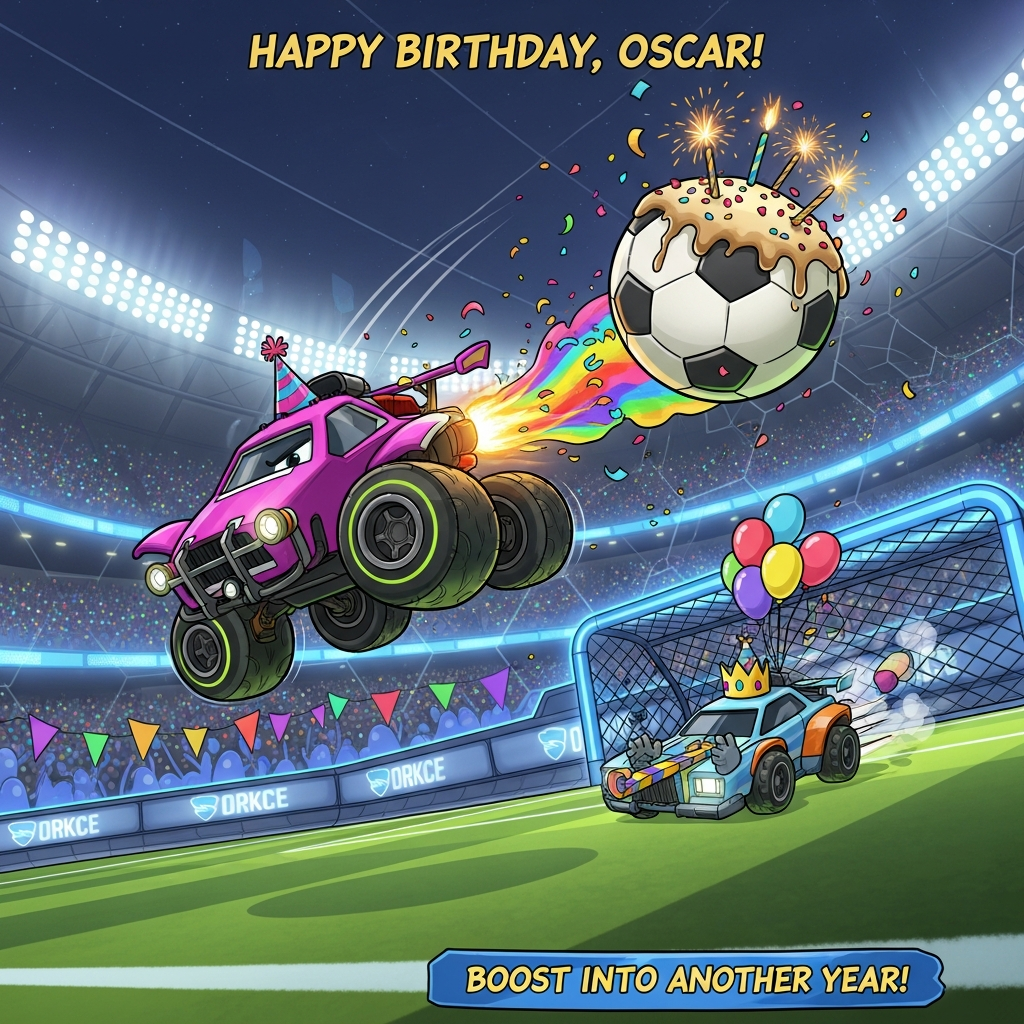 At the top of the Cartoon Style image, "Happy Birthday, Oscar!"

Cartoon Style, funny Rocket League-inspired arena: a chunky, anthropomorphic rocket car with oversized wheels, a party hat, and a goofy grin barrel-rolls midair to aerial a giant soccer-ball birthday cake with dripping icing and sparklers; rainbow confetti and streamers burst from its turbo boost. In goal, a panicked goalie car wearing a paper crown skids sideways, blowing a party horn, trying to save as balloons bob off its spoiler. Neon stadium lights, roaring blob-like fans waving pennants, dynamic speed lines, wide-angle perspective, thick black outlines, bright saturated colors (electric blue, hot orange, neon pink, lime), glossy highlights, bold cel shading, playful energy. No real-world logos. On a small pitch-side banner near the bottom, add the single extra line of text: "Boost into another year!"
Generated with these themes: Rocket league , and .
Made with ❤️ by AI.