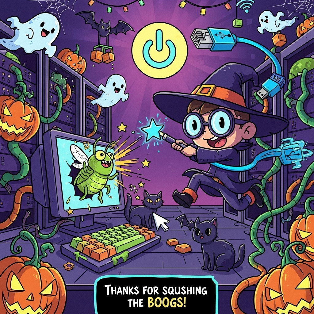 Full-bleed vertical cartoon illustration of a haunted data center. Playful, exaggerated proportions and thick black outlines. In the center, a chibi witch sysadmin with huge round glasses and an oversized hat tipped with an Ethernet cable tassel leaps energetically, swinging a giant neon-blue USB wand that shoots pixel-sparkles. The sparkles bonk a goofy lime-green bug monster with 8-bit wings popping out of a glowing monitor; comical motion lines and stars. Rows of jack‑o’‑lantern server racks glow pumpkin-orange with friendly carved faces; teal cables twist like vines; a black cat with bright eyes bats at a floating cursor near a keyboard made of candy-corn keys. Friendly, translucent ghosts shaped like Wi‑Fi icons swirl around, and cute little bats flit overhead carrying tiny pixel squares. A moonlit window in the back is shaped like a power button; cobwebs and tiny LEDs add whimsy. Vibrant palette: neon purples, pumpkin oranges, slime greens, and electric teals; bold cel-shading and radiant screen glow. Family-friendly, no gore, no extra words.

Add a small, chunky hand-lettered caption at the bottom center (single line), with thick black outline and a slime-green/pumpkin-orange gradient fill:
“Thanks for squashing the BOOgs!”
Generated with these themes: Halloween, Information technology, and .
Made with ❤️ by AI.