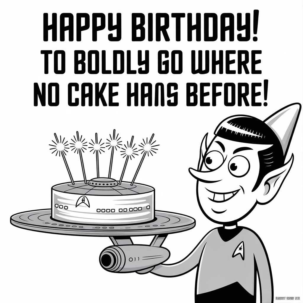 At the top of the image, "Happy Birthday! To Boldly Go Where No Cake Has Gone Before!"

- In the center of the image, depict a whimsical cartoon scene featuring a Star Trek inspired character with pointy ears and an exaggeratedly large captain's hat, holding a birthday cake shaped like the Starship Enterprise. The cake has sparklers as warp nacelles, and the character has a comically determined expression, as if ready to embark on a birthday mission.
Generated with these themes: Star trek, and .
Made with ❤️ by AI.
