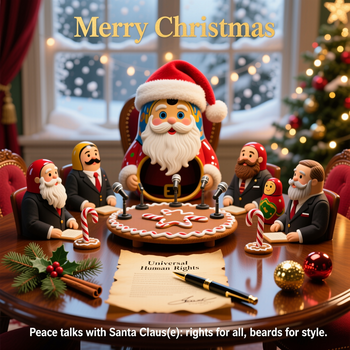 At the top of the Photorealistic picture taken from a camera image, "Merry Christmas"

At the bottom of the image, "Peace talks with Santa Claus(e): rights for all, beards for style."

Ultra-high-definition 4K UHD, realistic camera photo: A warmly lit, eye-level close-up of a polished wooden round table set for a whimsical winter “summit.” In the center, an open set of glossy, hand-painted Russian nesting dolls arranged like a diplomatic delegation: each doll wears a tiny tailored suit and sports a different, ultra-realistic beard (from stately Santa beard to neat goatee to twirled handlebar). The largest doll sits open with a festive red Santa hat slightly askew; the smaller dolls “sit” around a miniature circular conference table made of gingerbread with candy-cane microphones. Front and center on the table: a parchment scroll titled “Universal Human Rights” in elegant ink, with a striped candy-cane fountain pen resting across it, hinting at a just-signed holiday accord. Subtle Christmas touches: evergreen garland, a sprig of holly, cinnamon sticks, and a few shiny baubles at the table edge. Background: a frosted window with soft falling snow and warm fairy-light bokeh; a blurred Christmas tree glow off to one side. Lighting: cozy golden ambient mixed with cool window daylight, accurate reflections on lacquered wood and glossy paint, lifelike felt textures on the Santa hat, crisp beard fibers. Shallow depth of field (50mm prime, f/2.0), tack-sharp focus on the parchment title and the nearest bearded dolls, creamy background blur. Color palette: rich reds and greens, warm wood tones, snow whites, and glints of gold. Mood: playful, diplomatic, heartwarming, and cheekily festive.
Generated with these themes: Russian dolls, human rights, beard, diplomacy, and .
Made with ❤️ by AI.